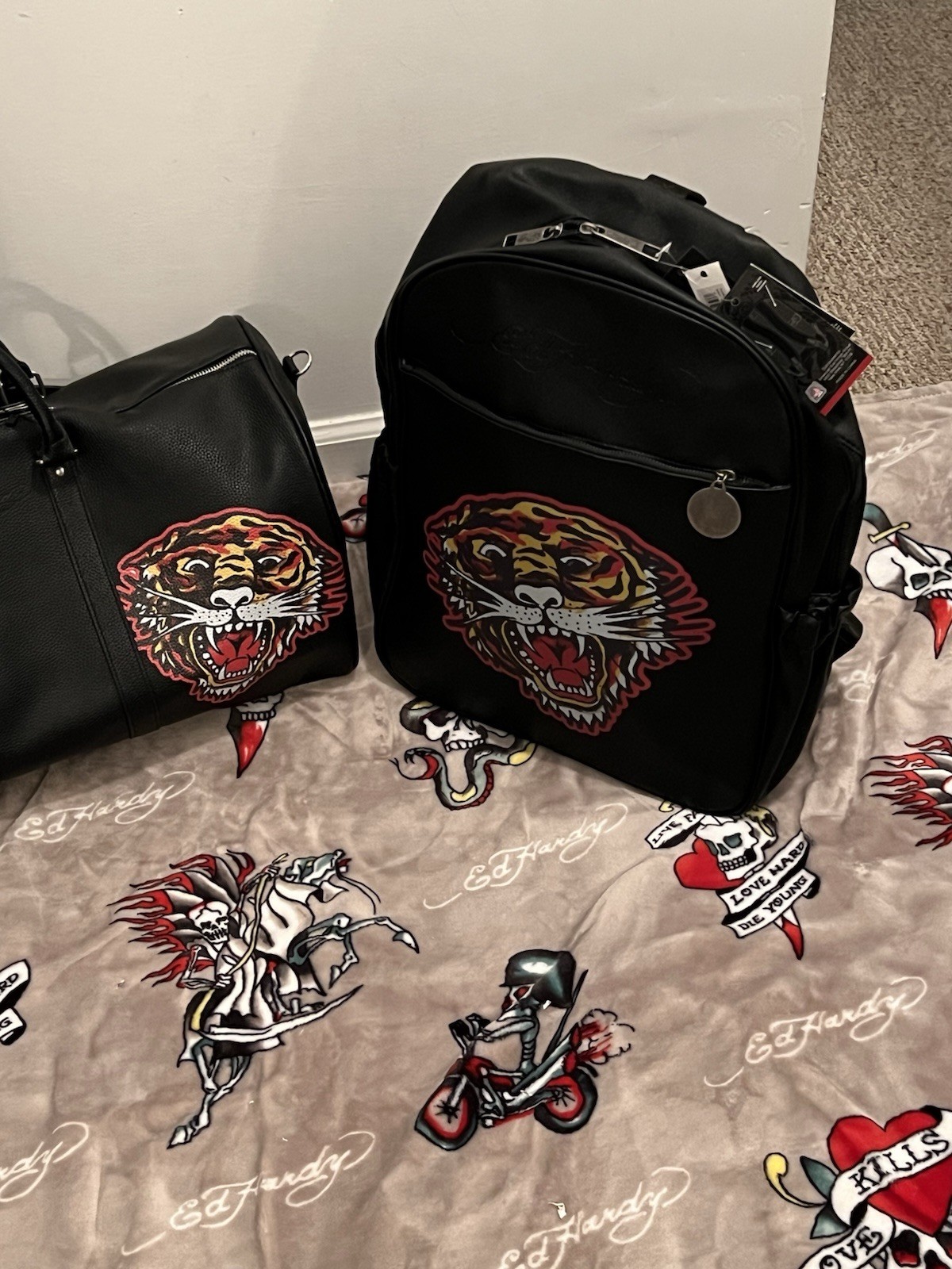 Ed Hardy Tiger Graphic Black Backpack+matching Duffel Bag NWT