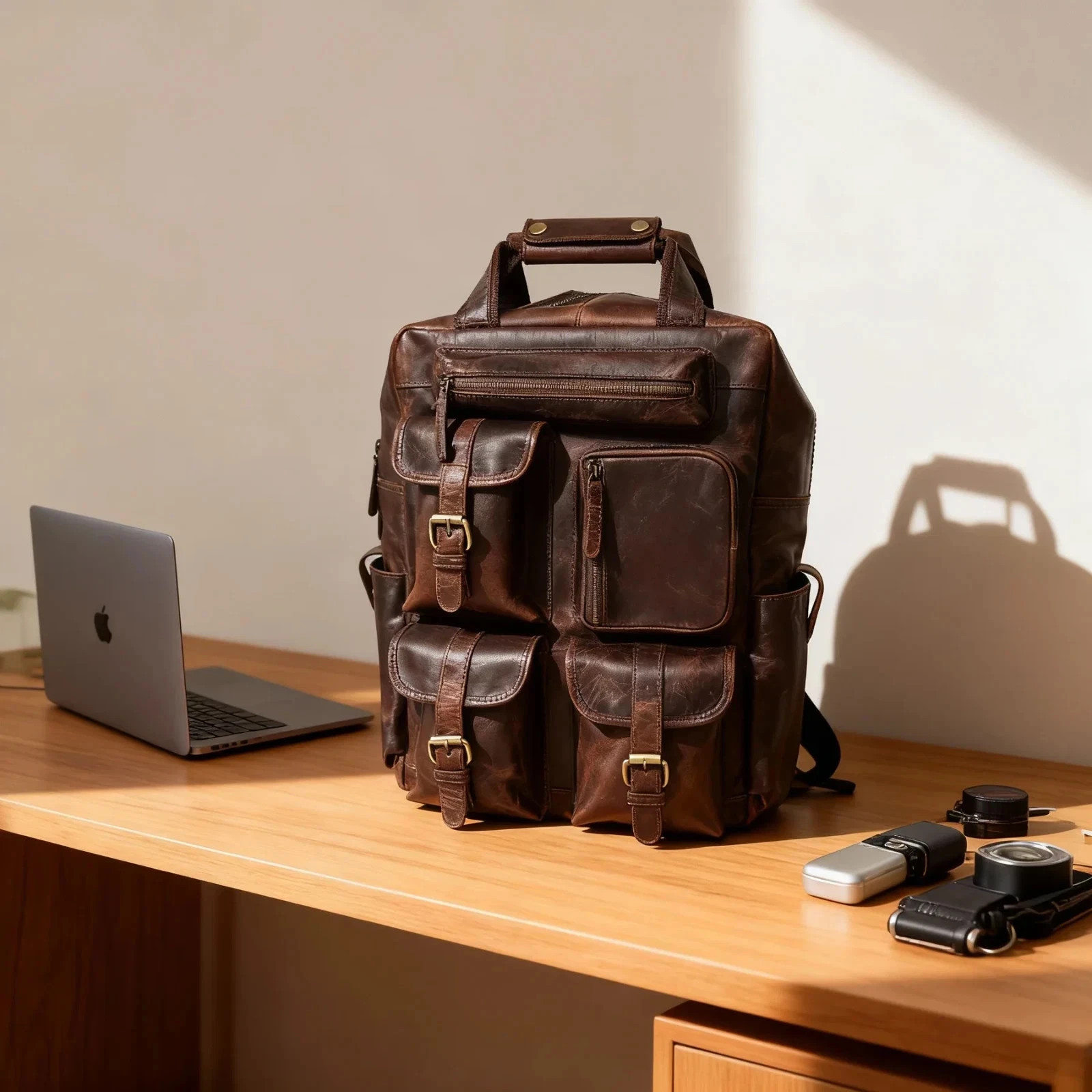 Professional Brown Leather Messenger Backpack Distressed Business Travel Rucksac