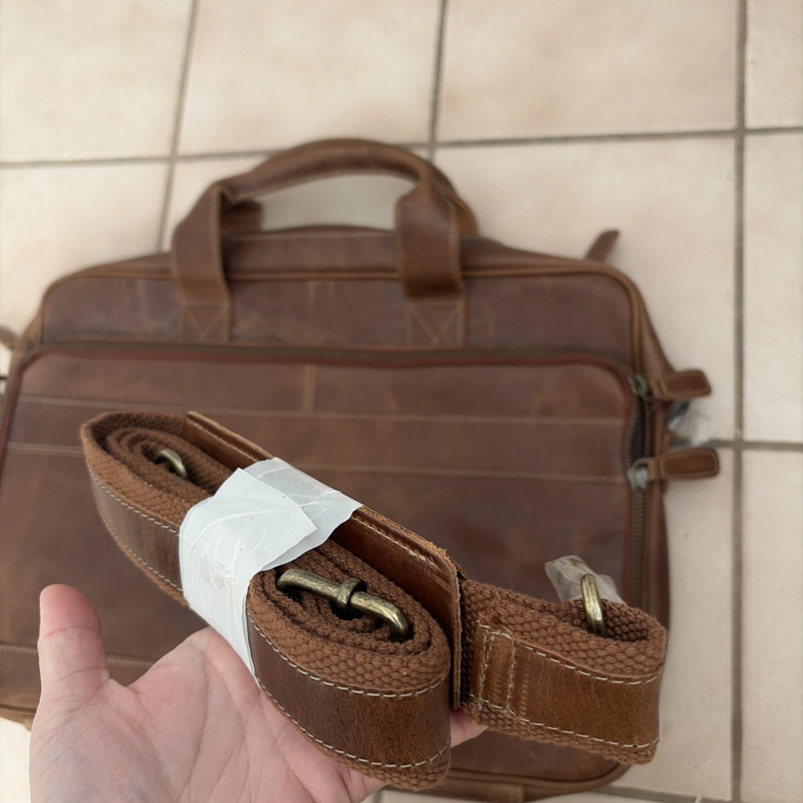 KomalC Leather Messenger Laptop Bag Brown Distressed Briefcase NWOT