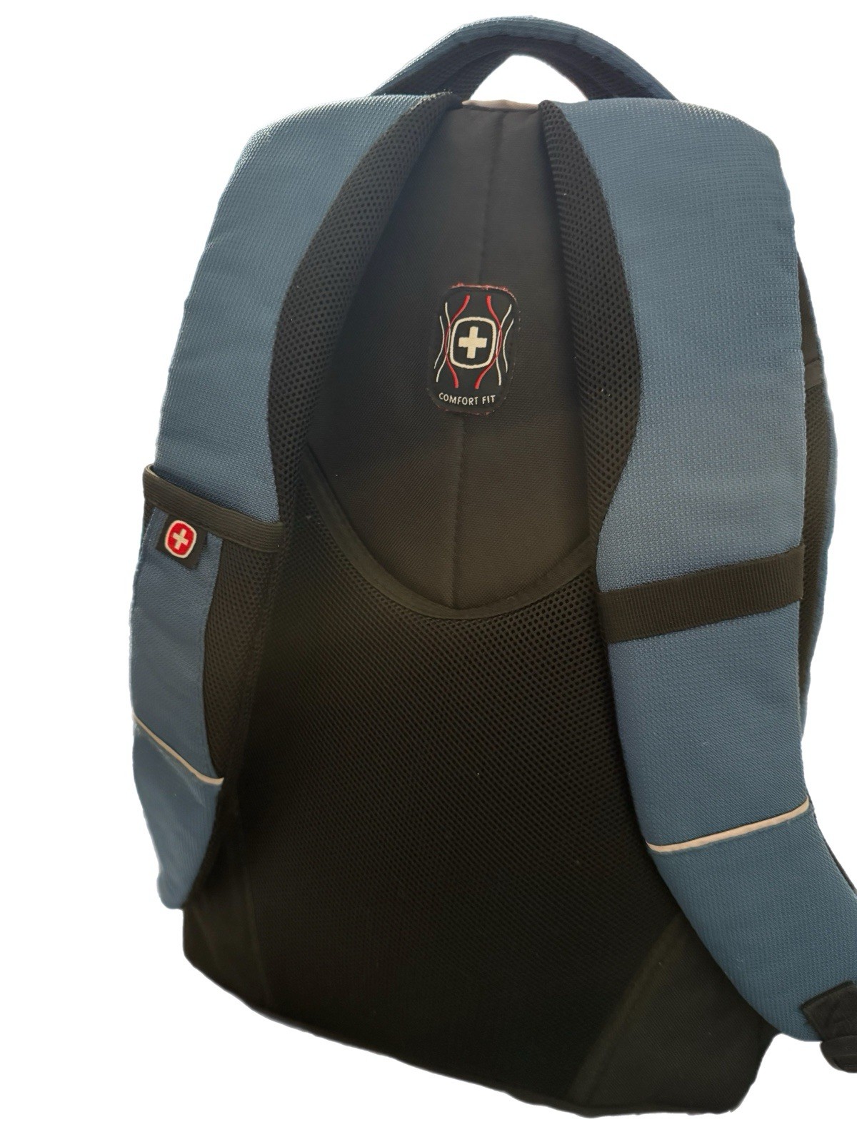 Backpack SWISS GEAR Blue and Gray Headphone pouch Multiple Zippers Hiking Bag.