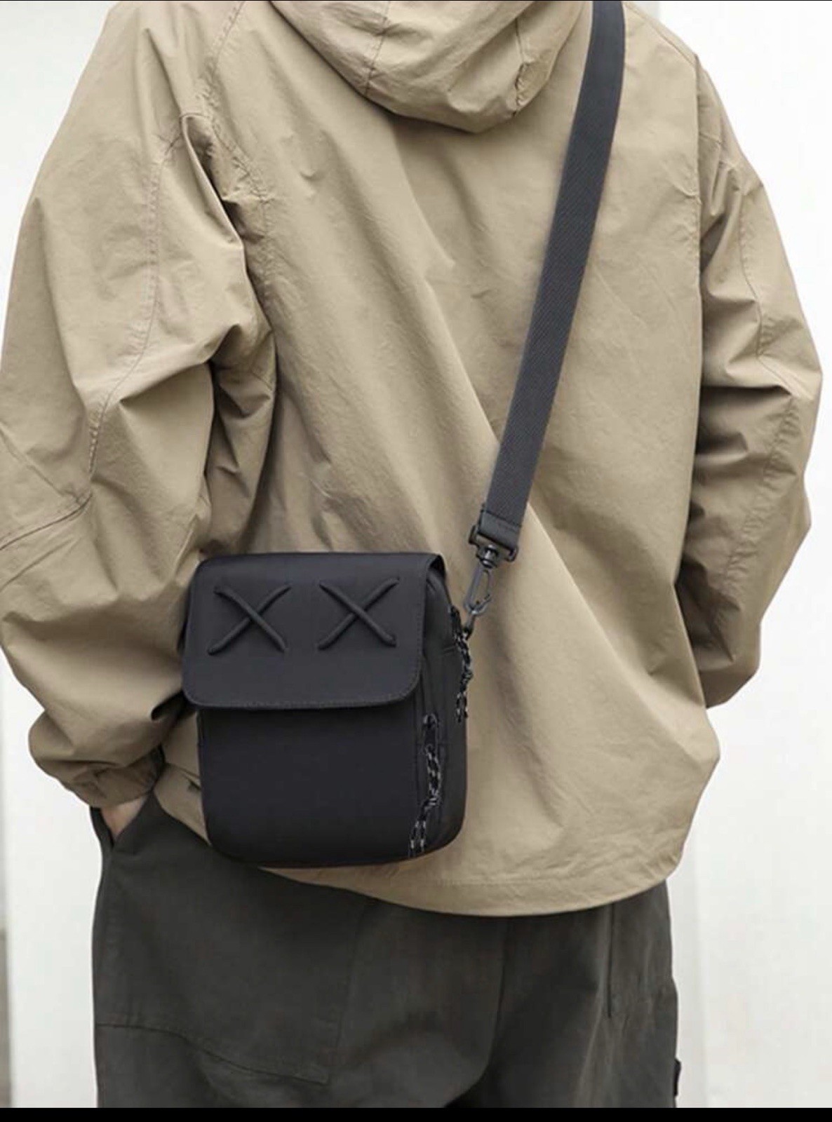 Men’s Black Small Crossbody Bag Flap Buckle/Zip, Adjustable Strap, Zip Pocket