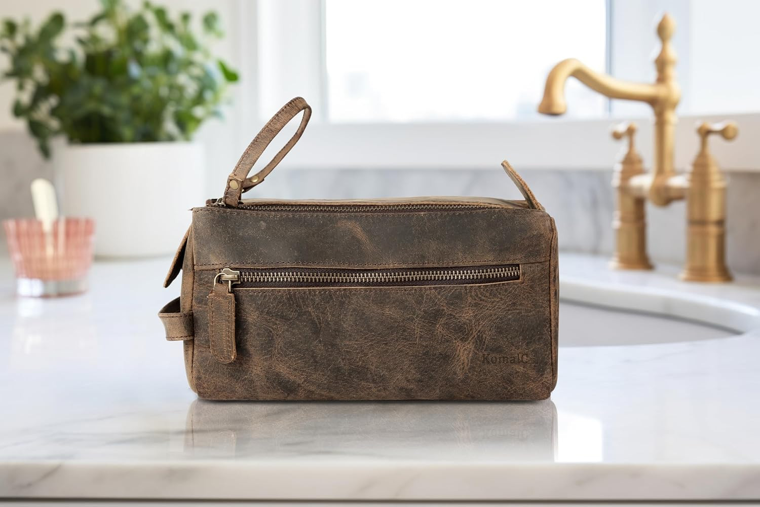 Komalc Premium Buffalo Leather Toiletry Bag for Men & Women with Water Resistant
