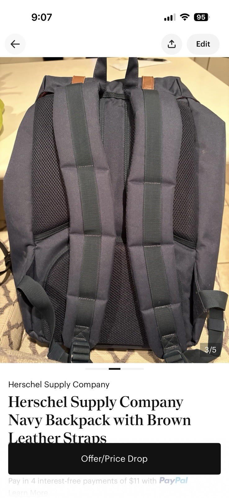 Herschel Supply Company Navy Solid Backpack Buckle Closure Brown Leather Straps