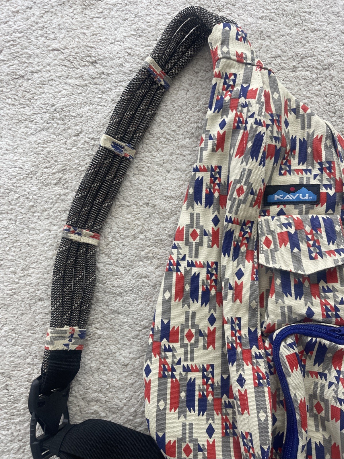 KAVU Sling Backpack Tribal Print Cotton Rope Strap Blue Red White