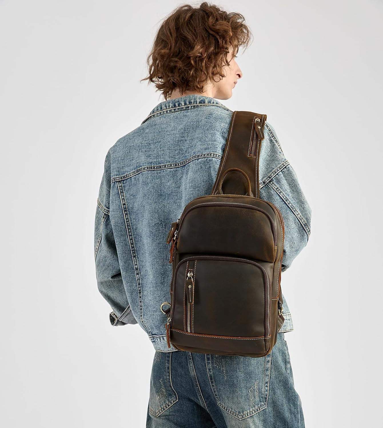 Full Grain Leather Sling Bag for Men, Crossbody Bag Fits 12.9″ Ipad Crossbody Ch