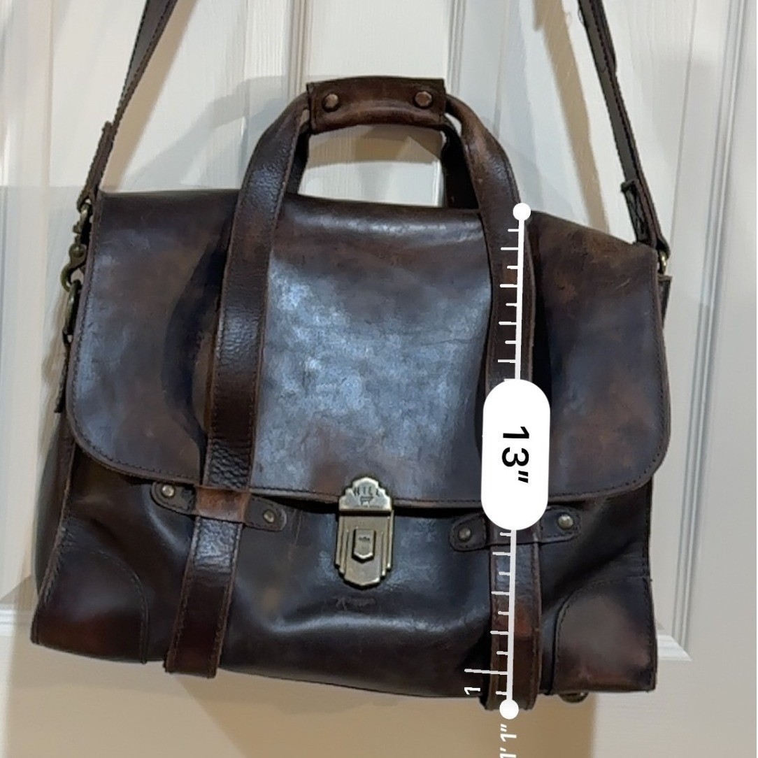 Will Leather Goods Brown Leather Messenger Bag Satchel Briefcase Brass Hardware