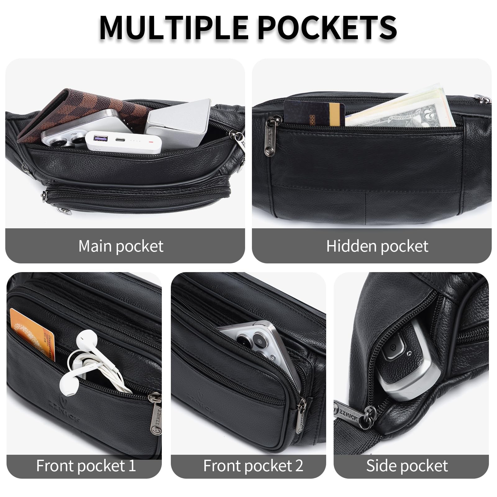 ZZNICK Genuine Leather Fanny Pack/Waist 14 x 2.5 x 5 inches, Black-861 Medium