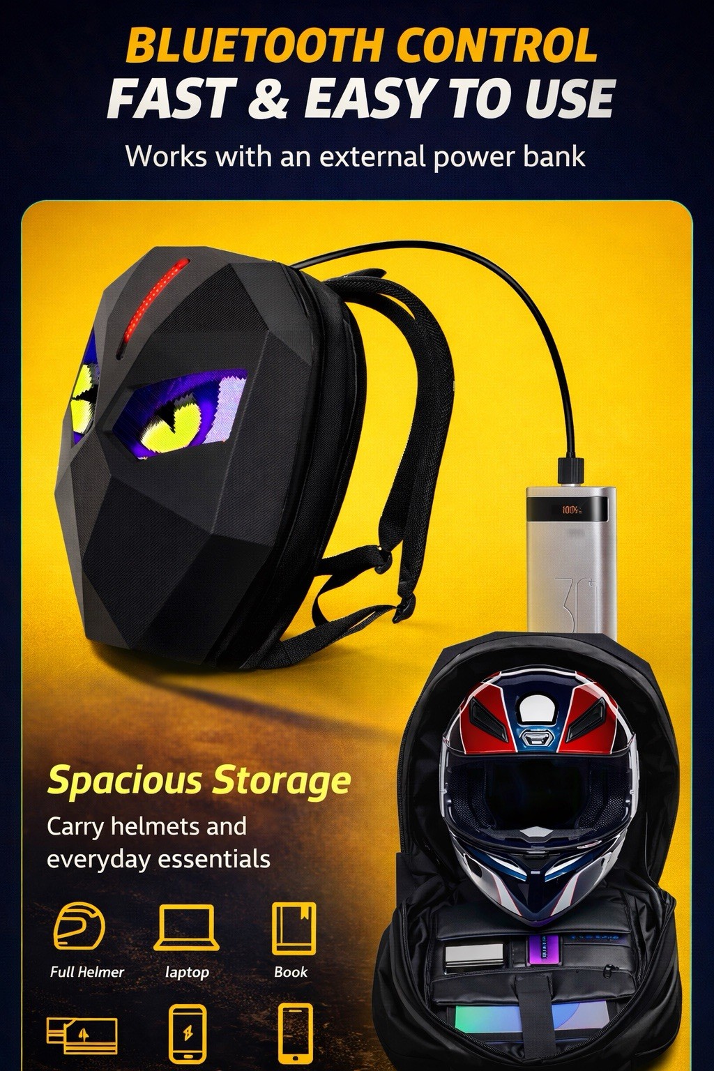Motorcycle LED Backpack Hard Shell Bluetooth App Control Helmet Bag