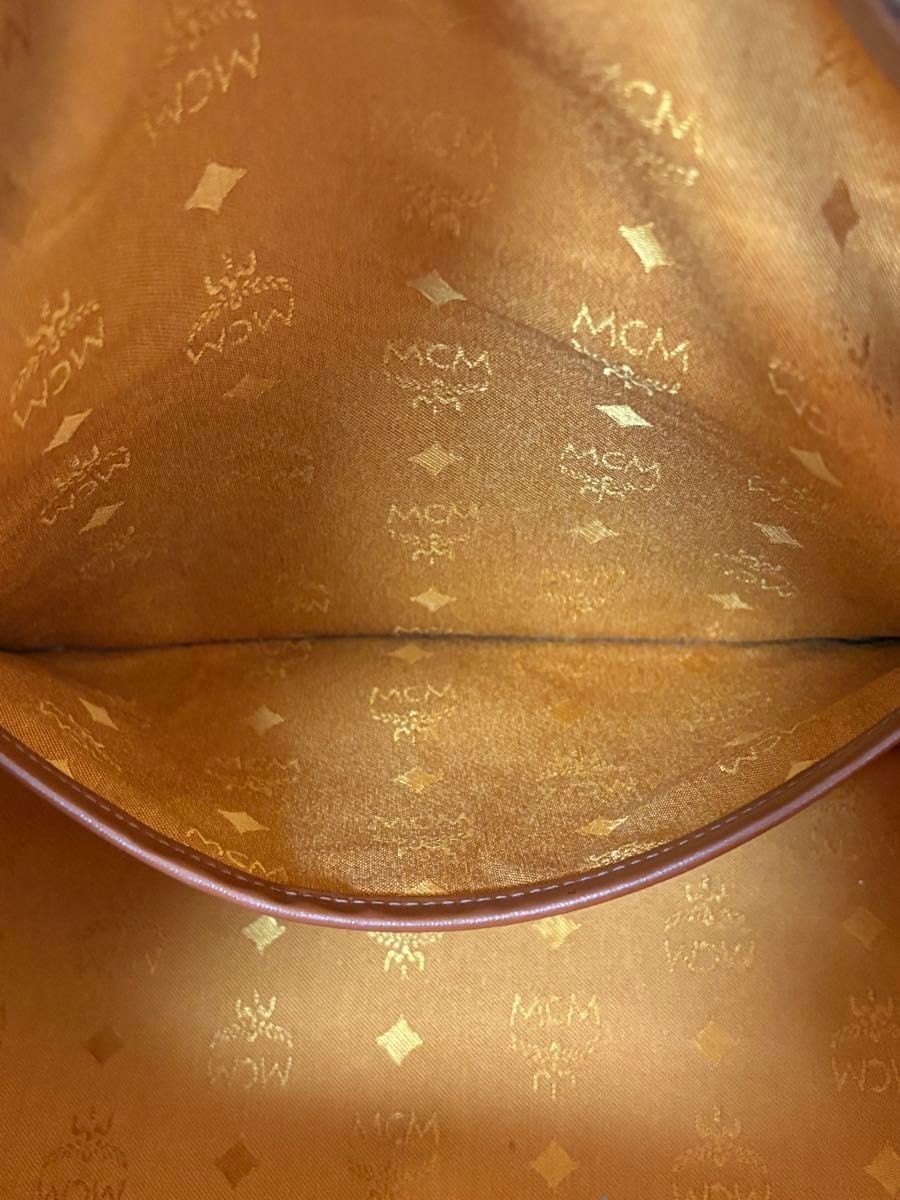 MCM Authentic Visetos Leather Handbag Brown Boston Bag Gold Logo Double Handle