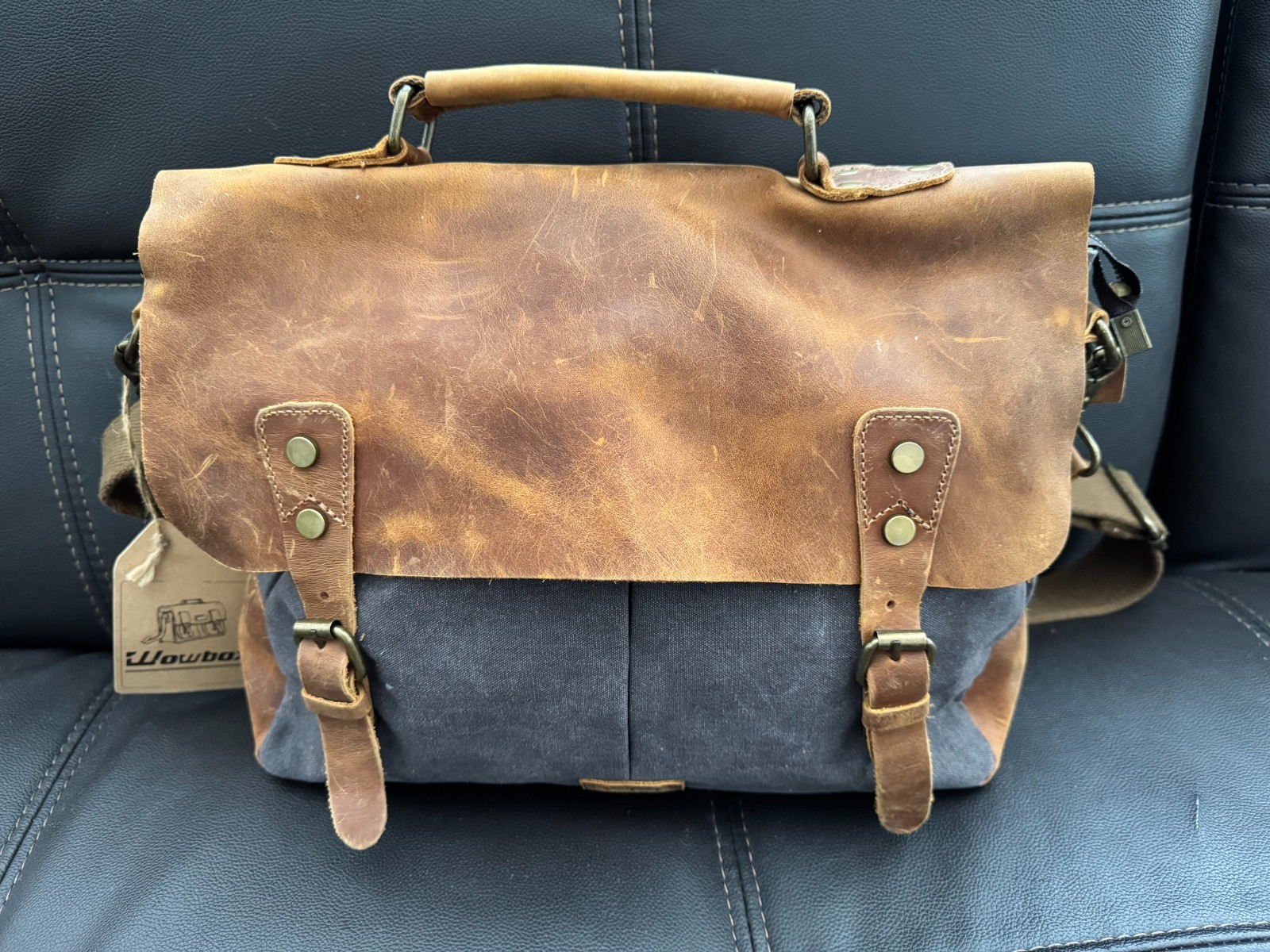 Wowbox Mens Messenger Bag Leather Canvas Briefcase Satchel Laptop Bag Gray Brown
