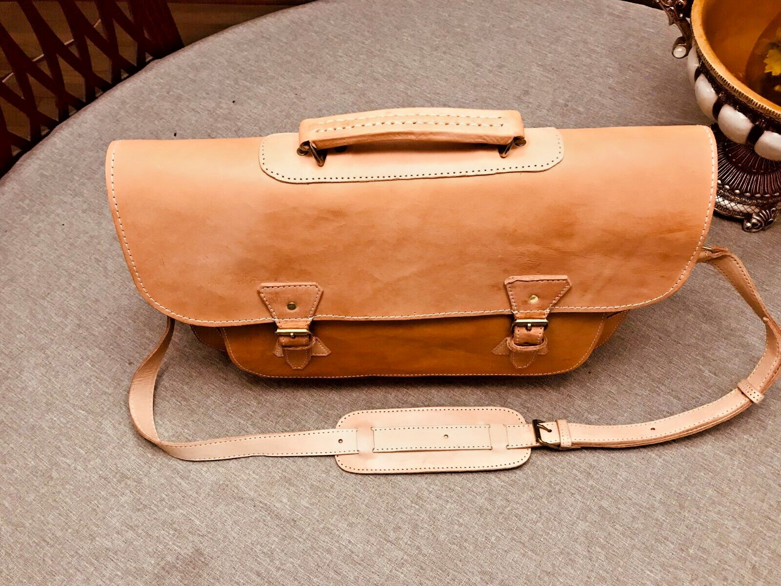 Natural Tan Burnished Belting Leather Briefcase / Messenger Bag – SPAIN