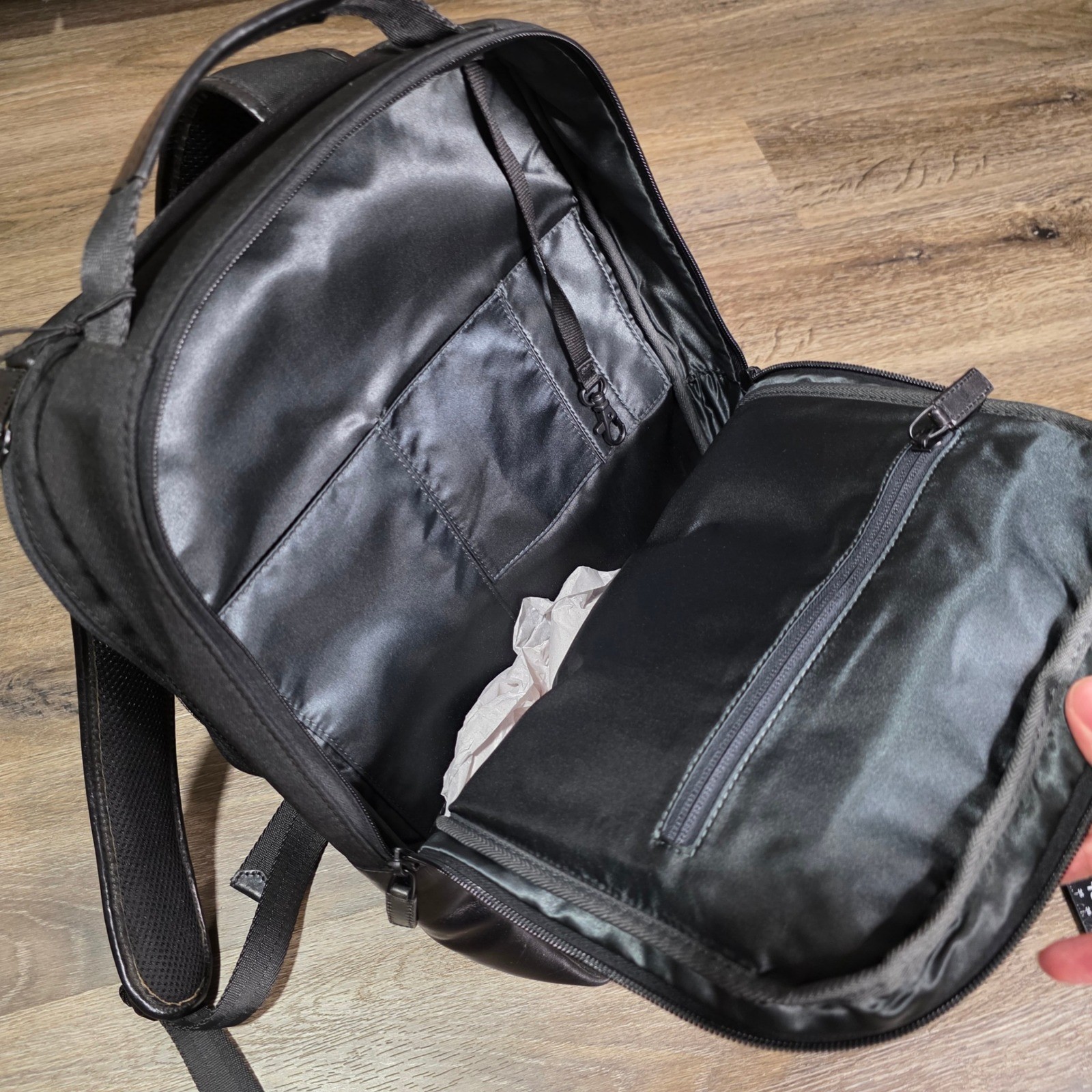 Joseph Abboud Mens OS Laptop Backpack Black Leather Trim Canvas Commuter Bag