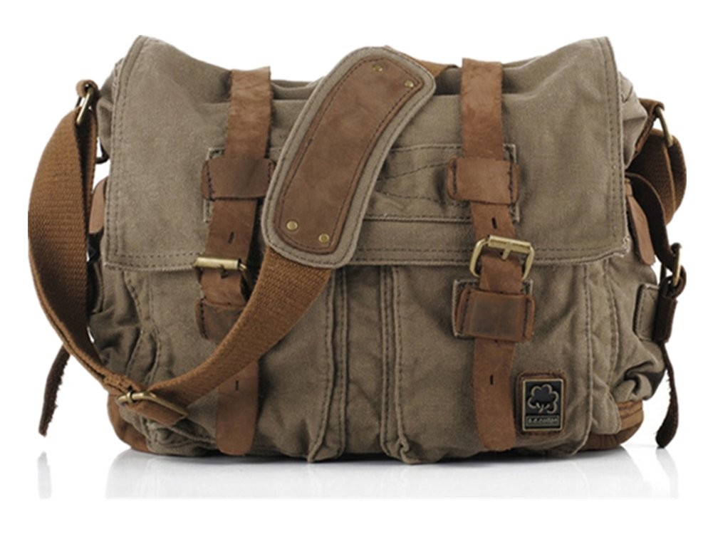 Canvas Leather Messenger Bag – Men’s Military Travel Laptop Camera Crossbody 13″