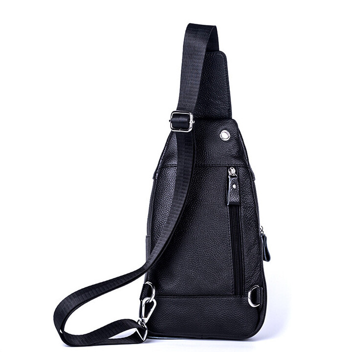 Genuine Leather Sling Backpack, Black Men‘s Crossbody Chest Bag Causal Daypack