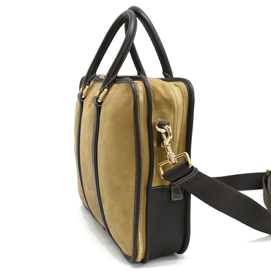 LOEWE 2way Briefcase Business Bag Suede Leather Anagram Khaki Green Brown Gold