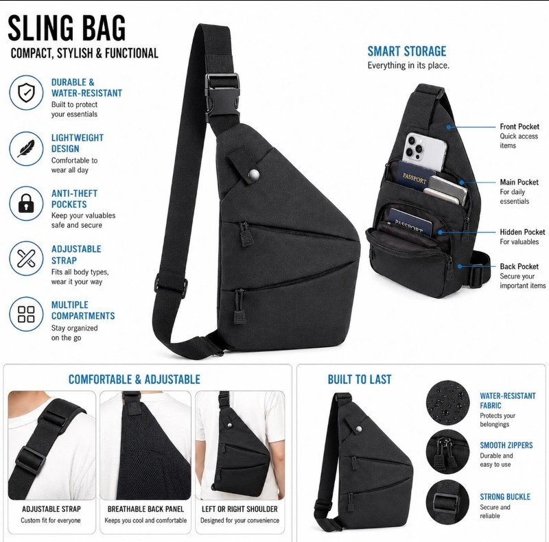 NEW Backpack Shoulder Holster Chest Pack Single Bag Portable Backpack BLACK