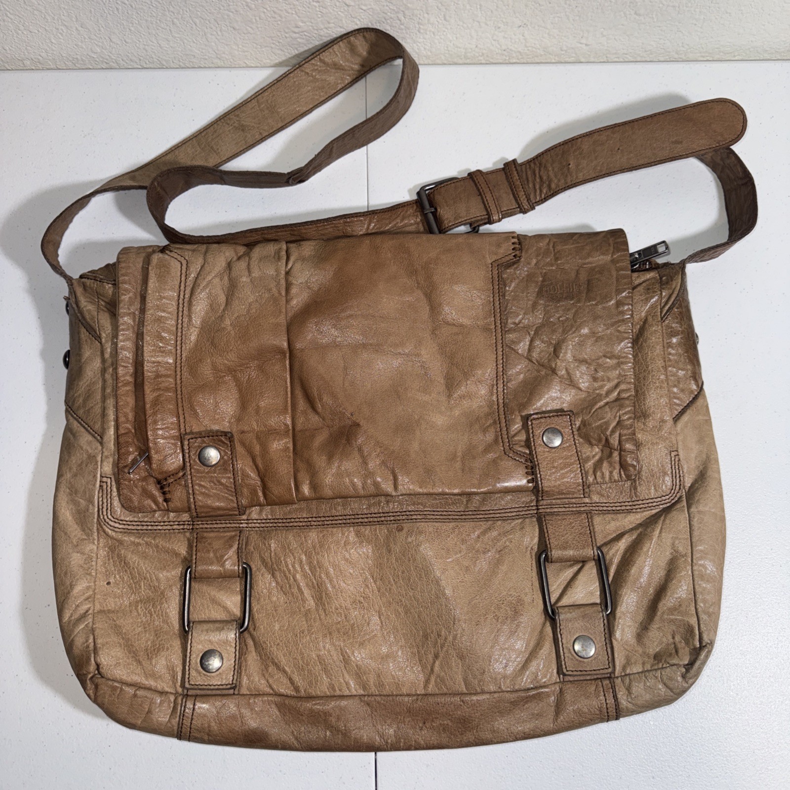 Vintage Hollies Stockholm Leather Messenger Bag Distressed Tan Patinaed BOHO