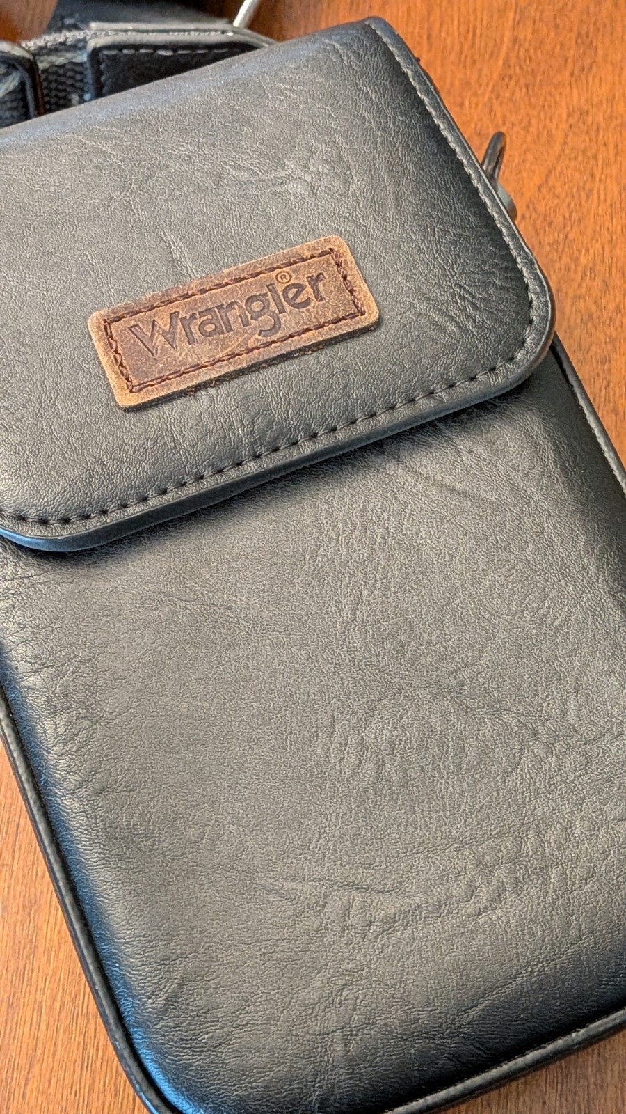 Wrangler Black Crossbody Bag, Zip & Snap Closure, Adjustable Strap, Pocket, Card
