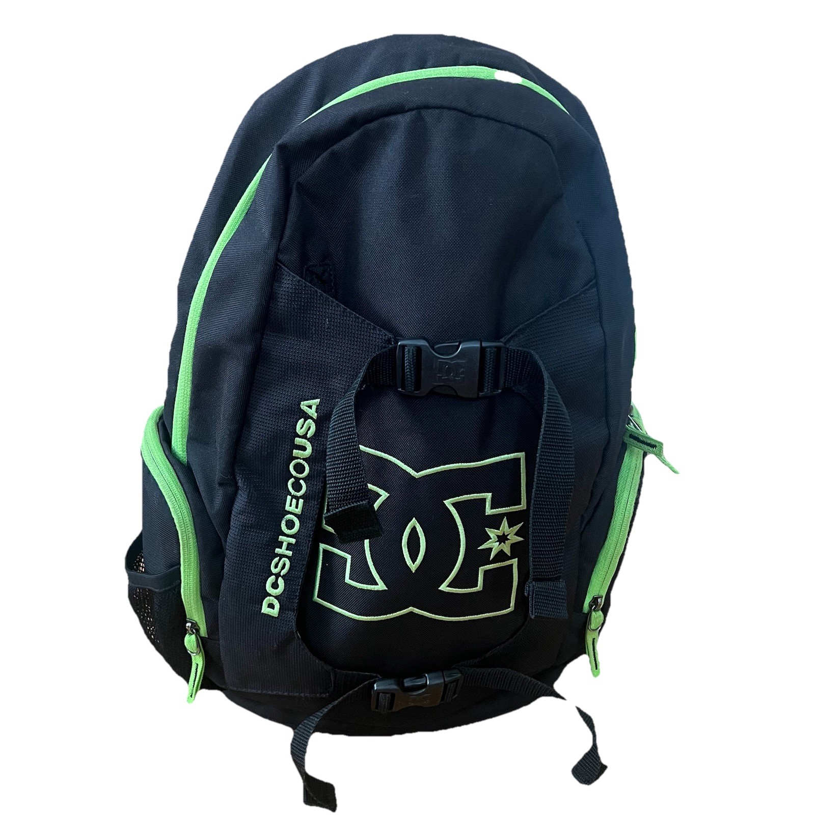DC Shoes Large Black/Green Backpack Zip & Buckle Adjustable Straps Pockets