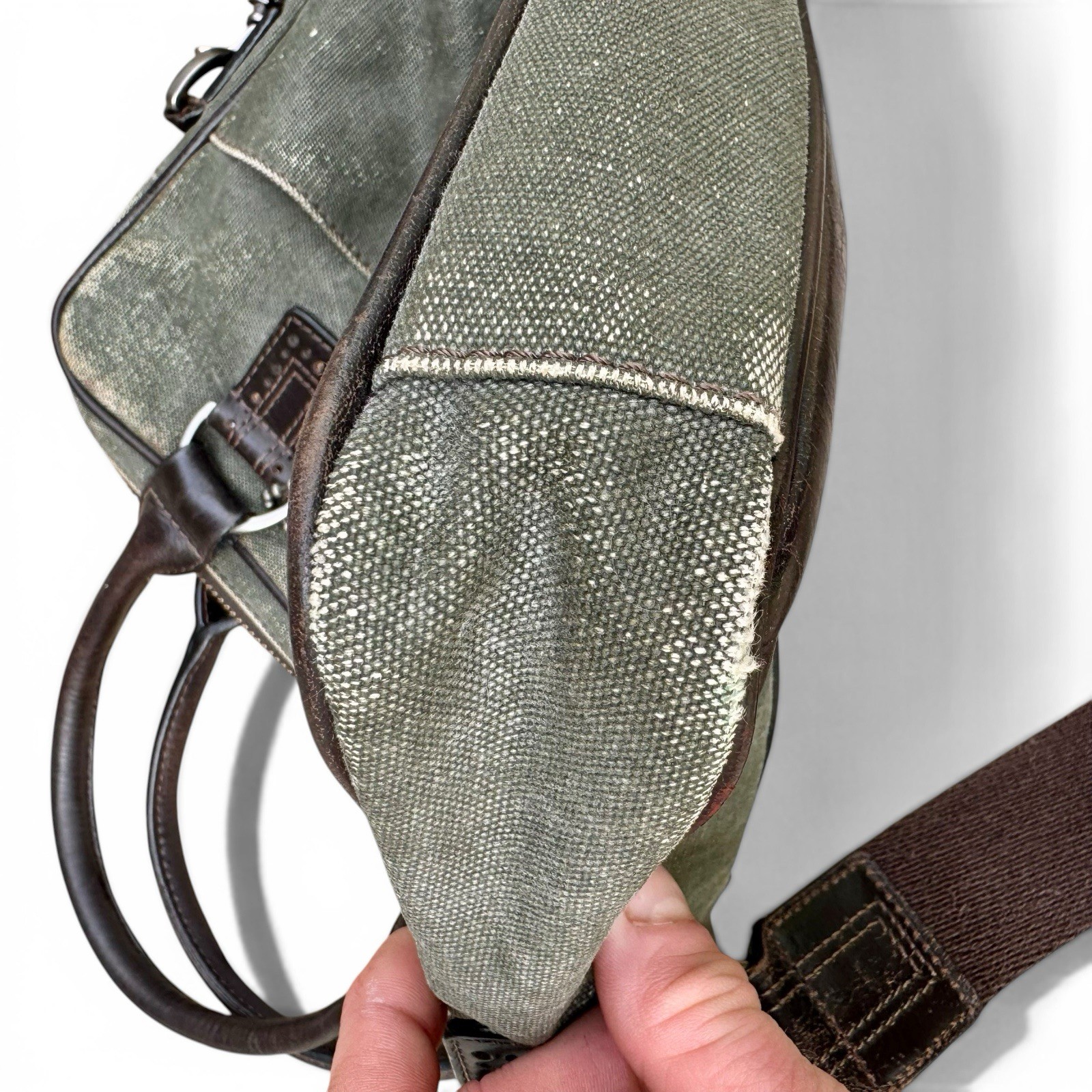 John Varvatos Distressed Olive Canvas Leather Messenger Laptop Bag Brown