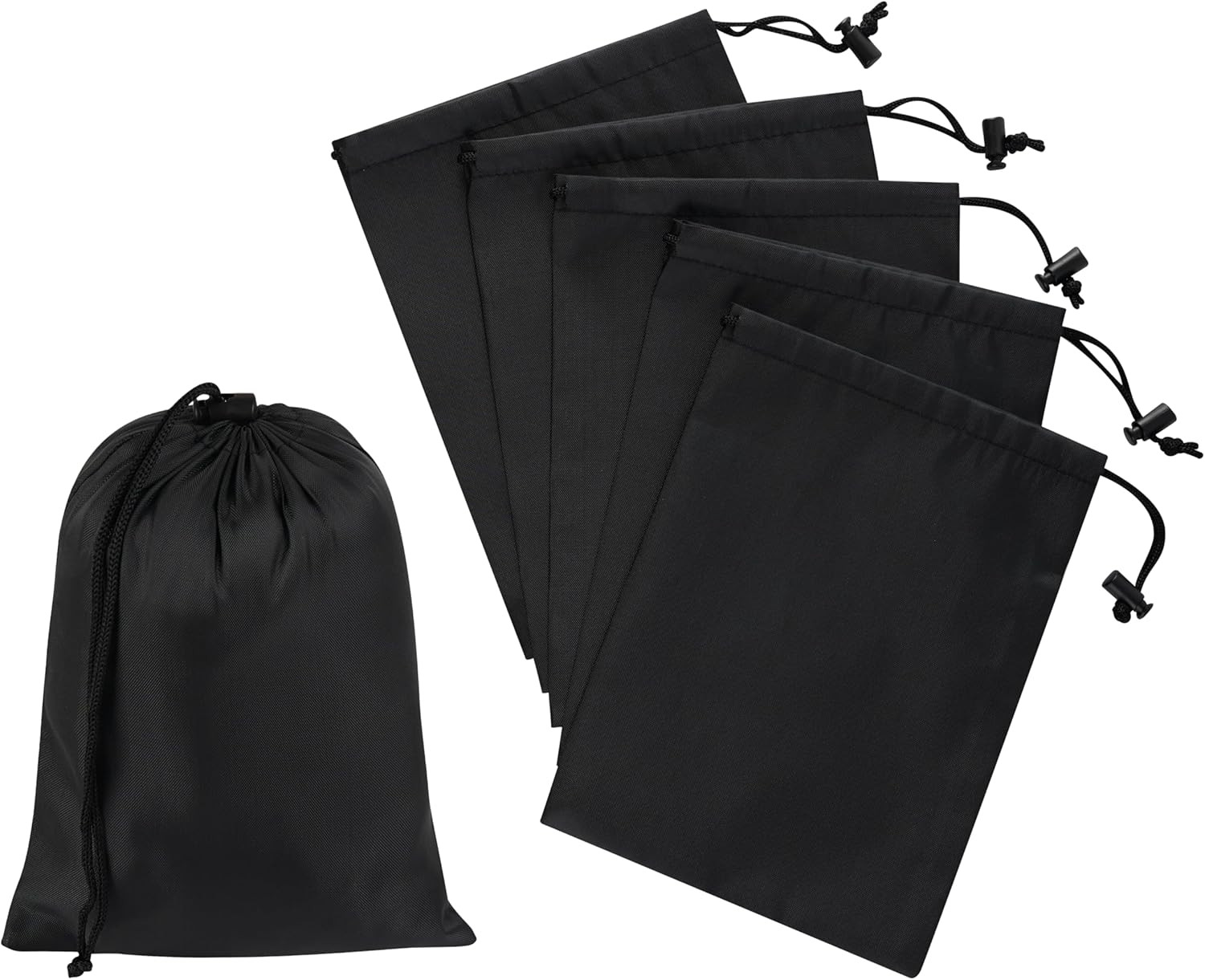 Drawstring Bag with Toggle – Nylon Cinch and Ditty Pouch – Six Pack (Black, 6 x
