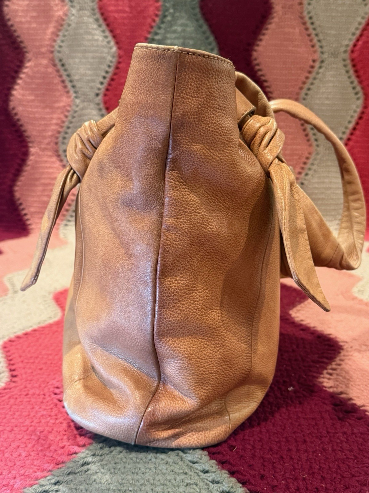 Frye Nora Knotted Tote Genuine Leather Shoulder Bag Two Tone Cognac Tan