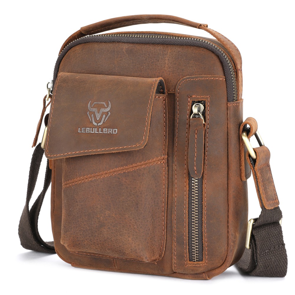 Men’s Sling Shoulder Messenger Bag Crazy Horse Genuine Leather Zipper Handbag