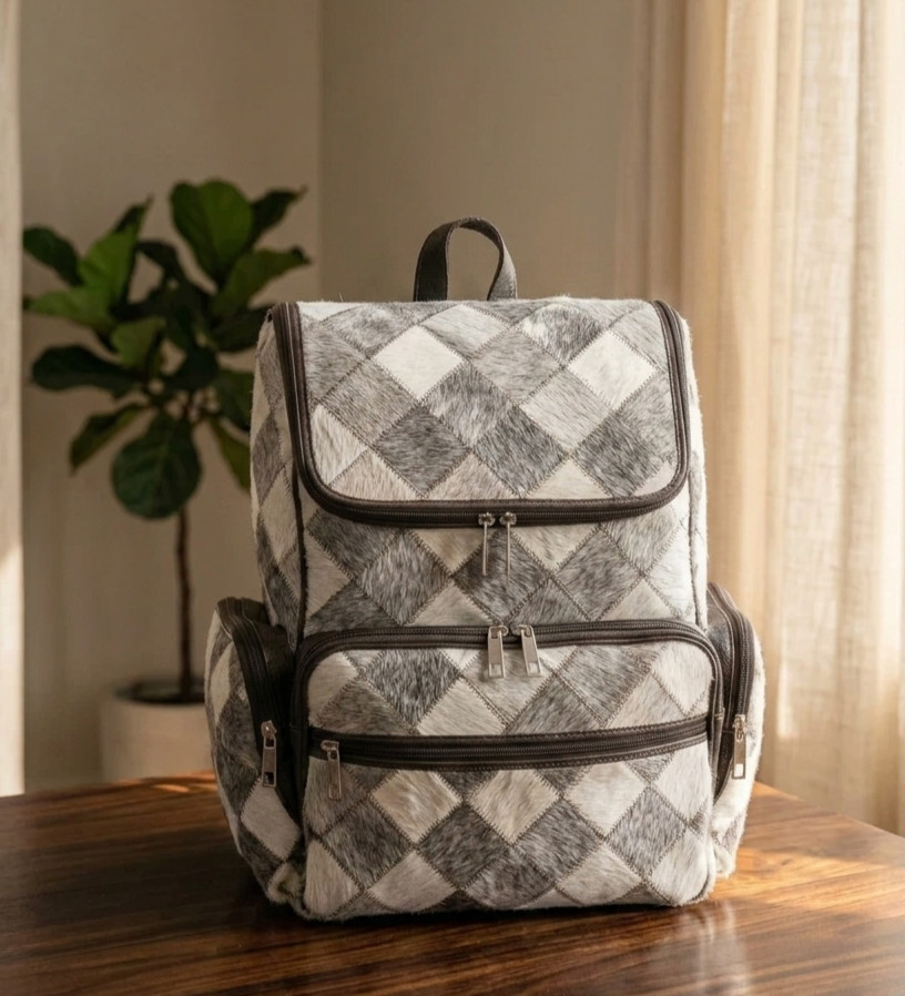 Genuine Cowhide Hair on Grey White Patch Shoulder Overnight Backpack Rucksack
