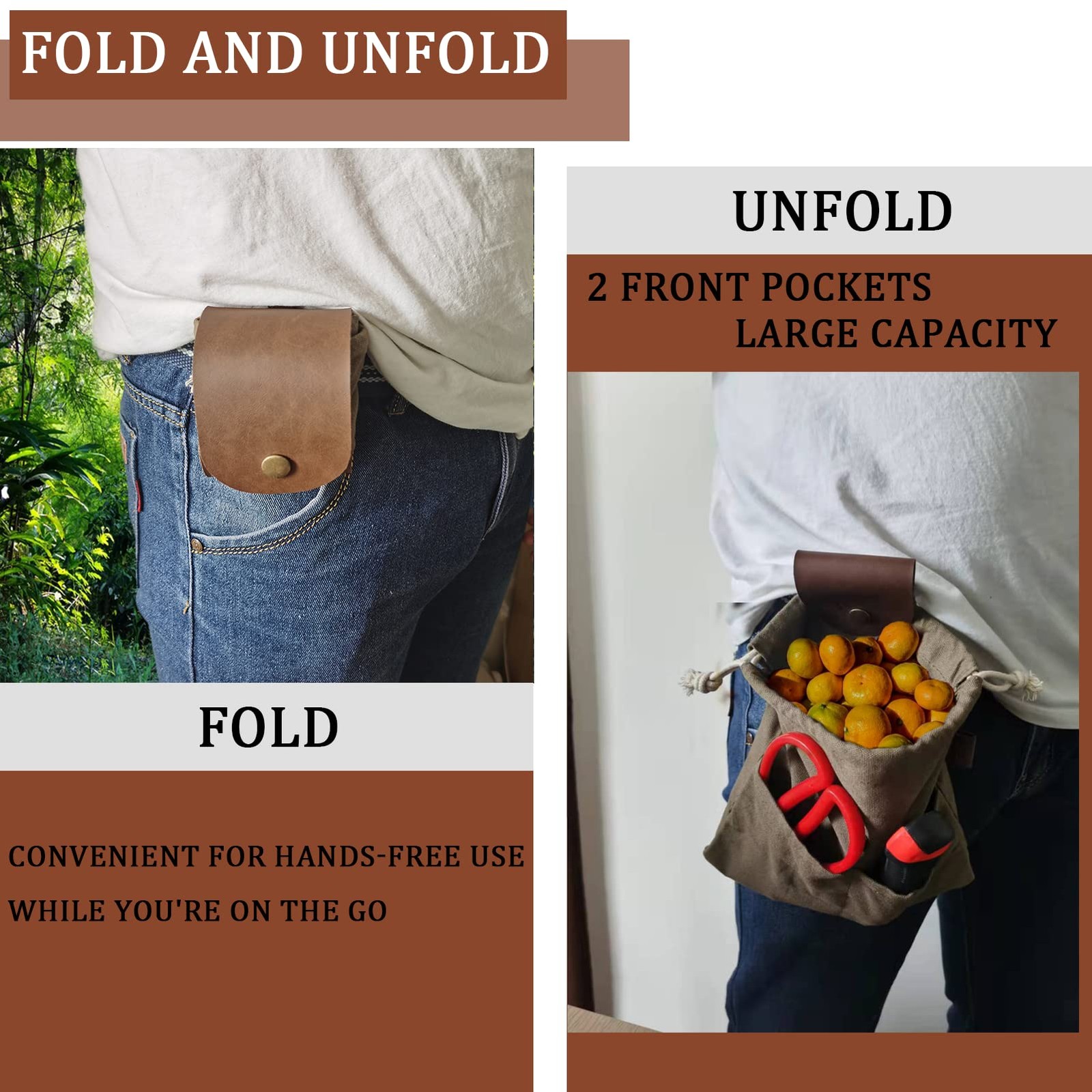 Foraging Pouch Leather Canvas Collapsible Bag Water Resistant Outdoor Camping