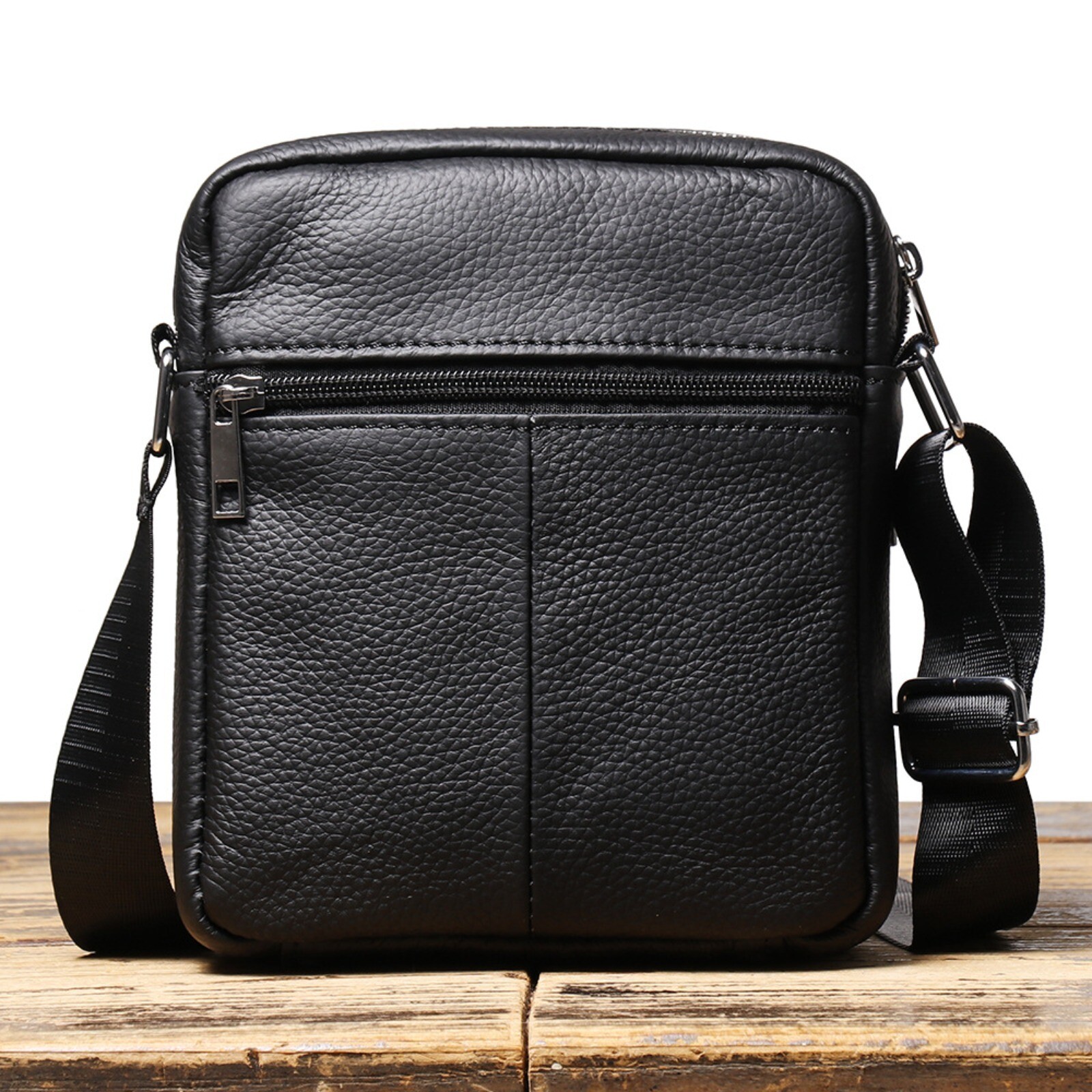 Men’s Leather Shoulder Bag Small Crossbody Multi-Pocket Travel Bag Black