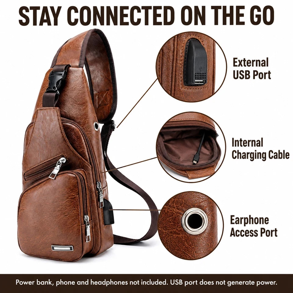 Men’s Brown Sling Backpack Crossbody Chest Bag with USB Charging Port