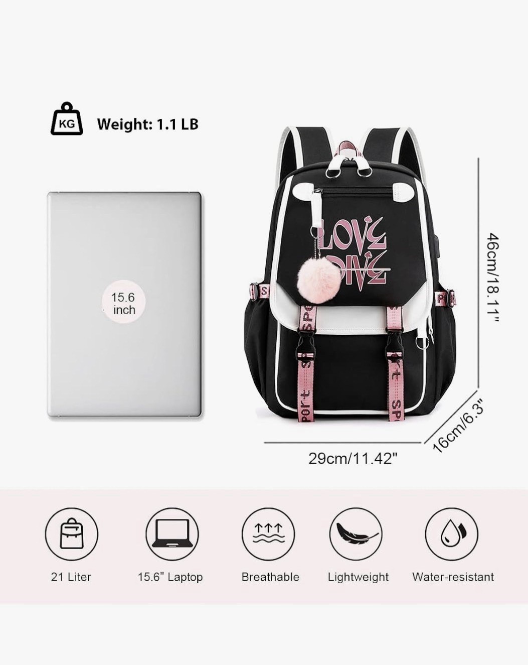 Kpop IVE Love Dive Backpack College Bag School Bag Bookbag with USB 15.6 In
