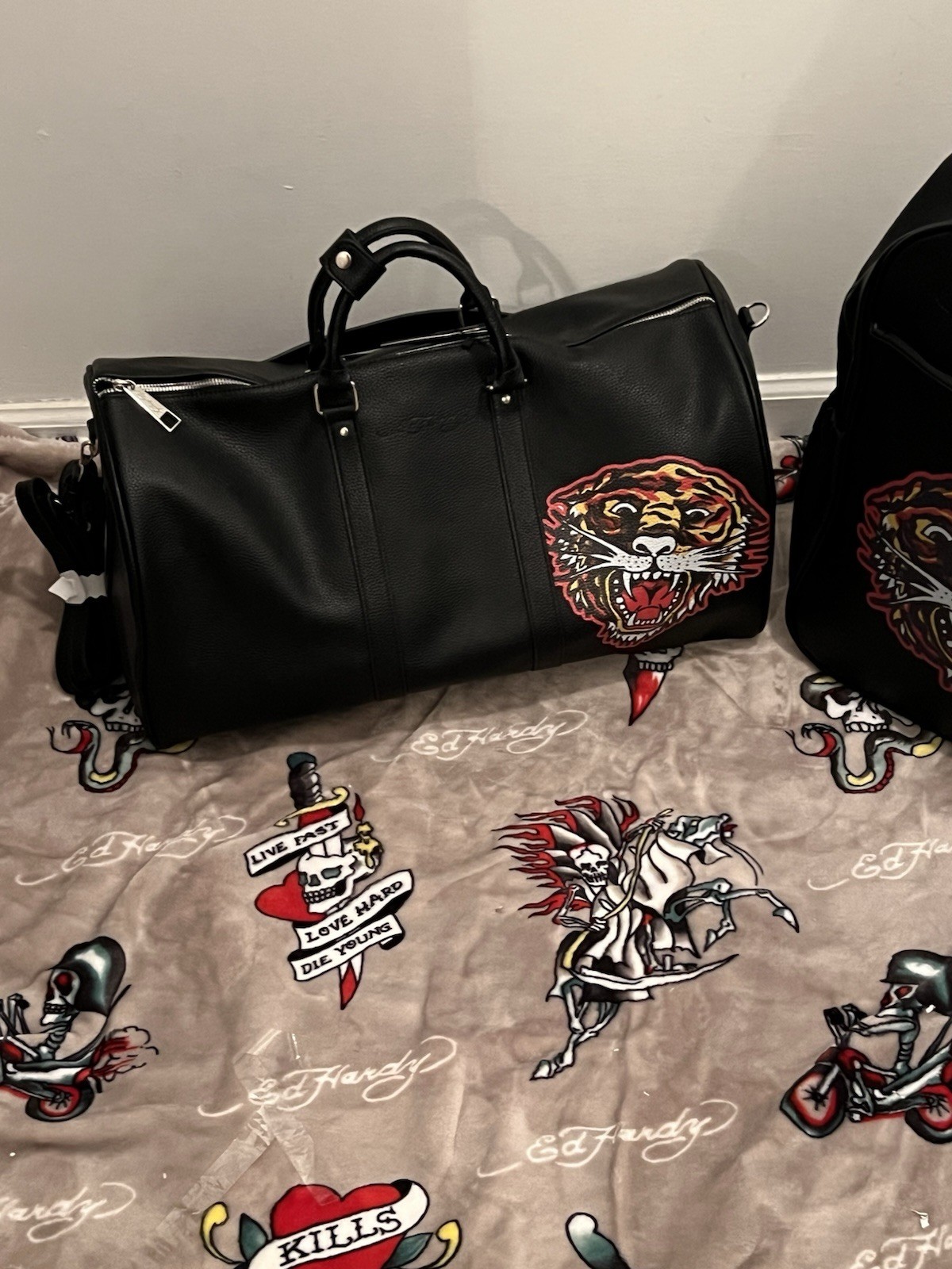 Ed Hardy Tiger Graphic Black Backpack+matching Duffel Bag NWT