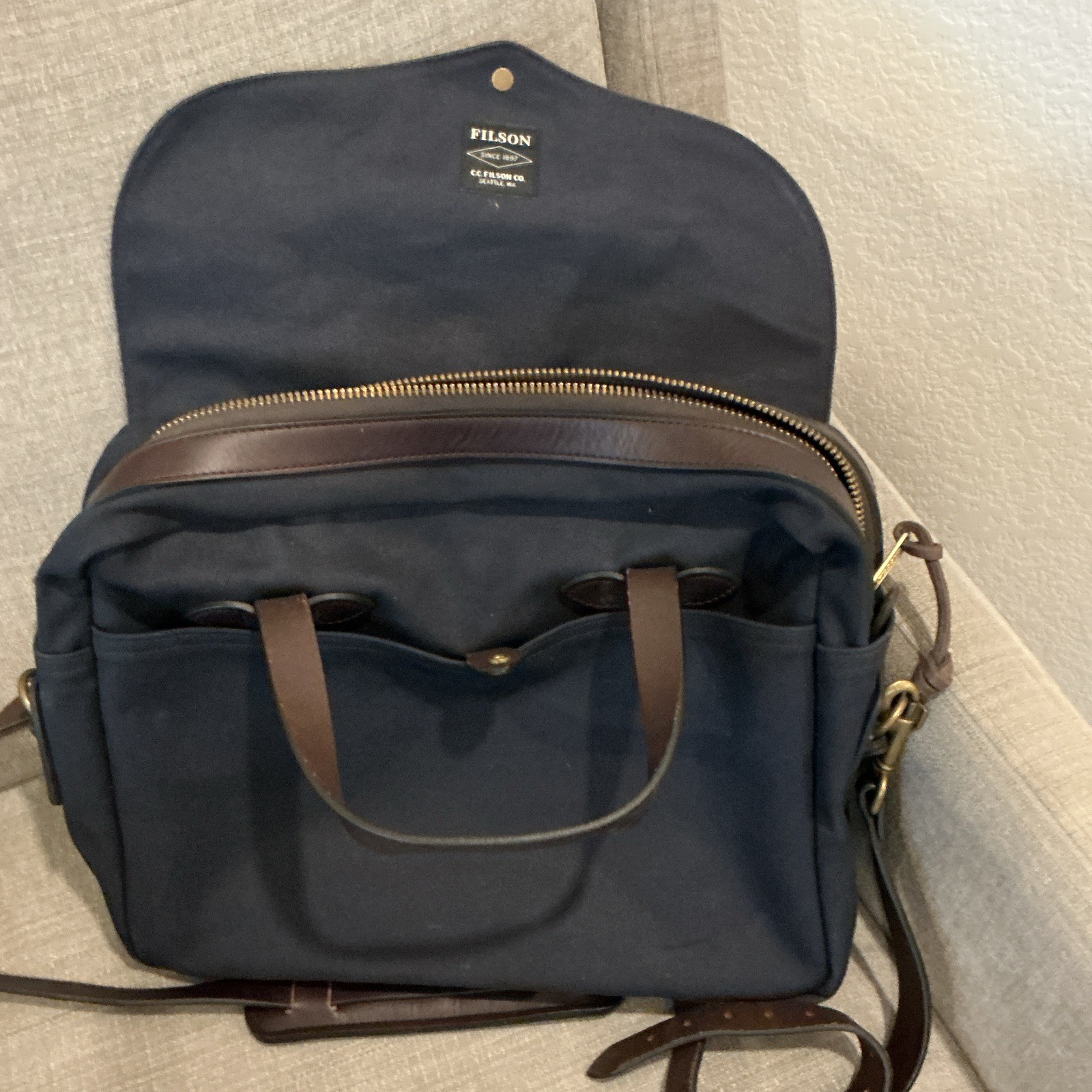 Filson Blue/Brown Briefcase Document Case, Brass Hardware, Adjustable Strap