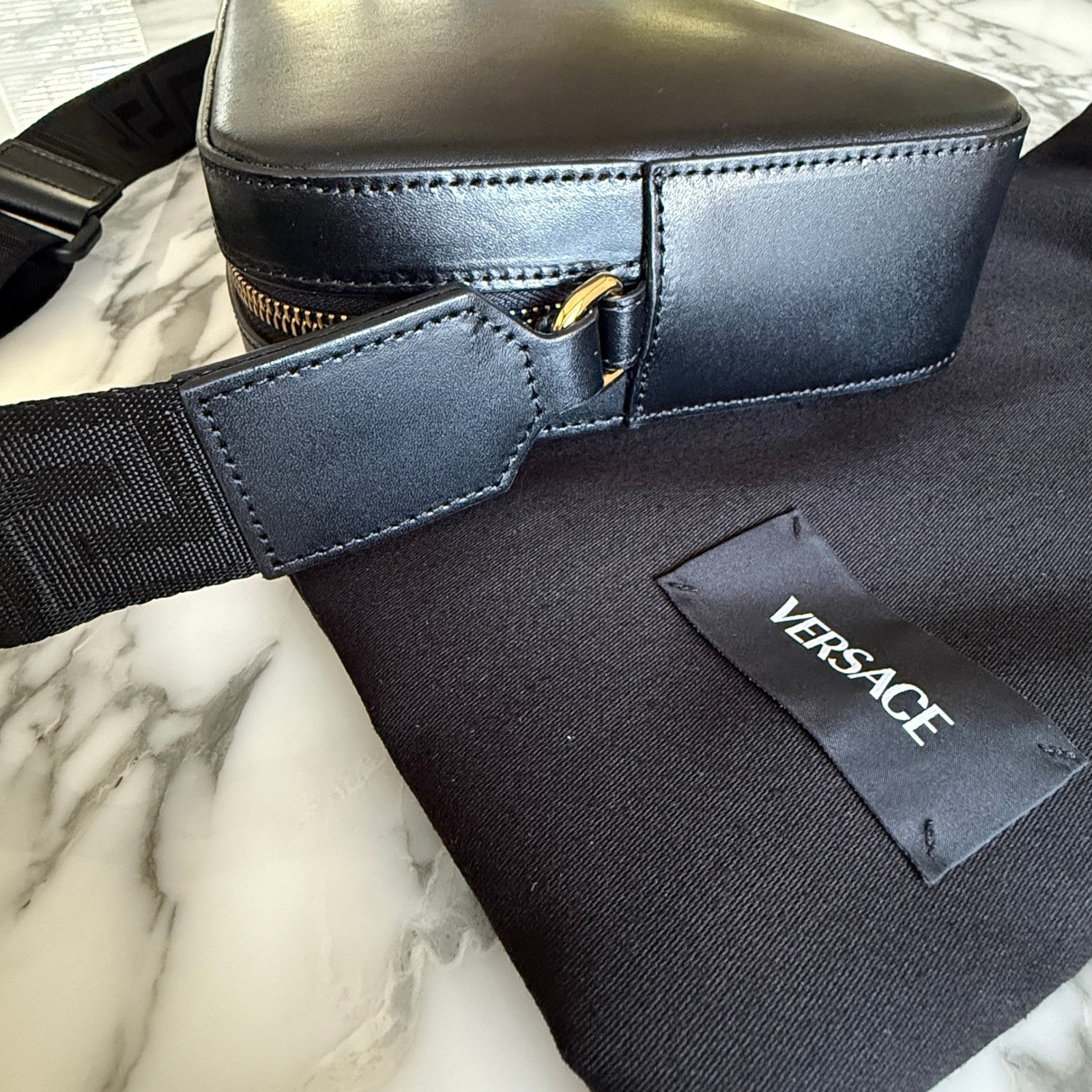 Versace Embossed Greca Black Box Leather Shoulder Bag Crossbody 1010737 Italy
