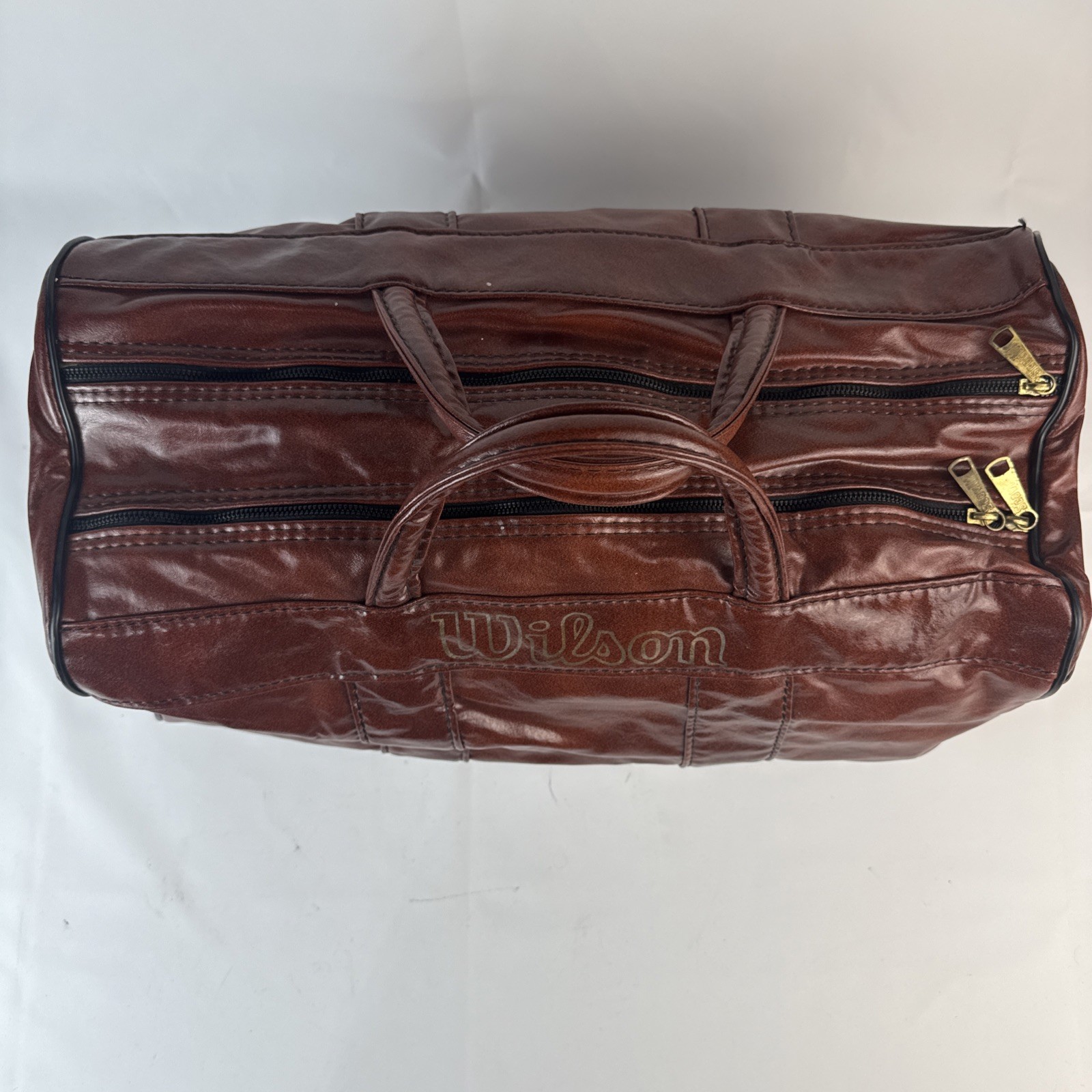 Wilson Vintage Spellout Duffle Bag Logo Red Brown Gold Faux Leather Gym Travel