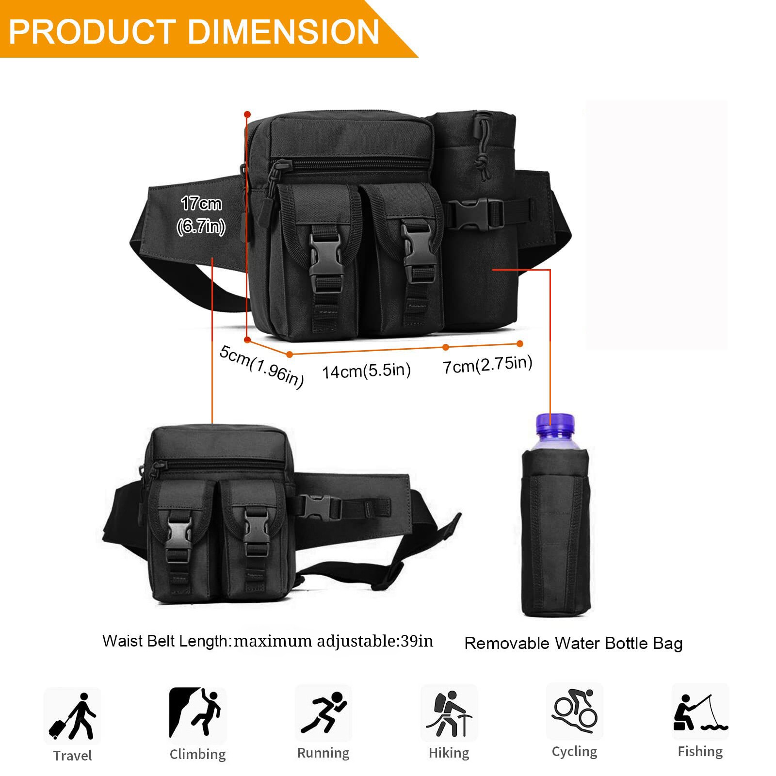 Outdoor Tactical Waist Fanny Pack Pouch Camping Hiking with Water Bottle Bag