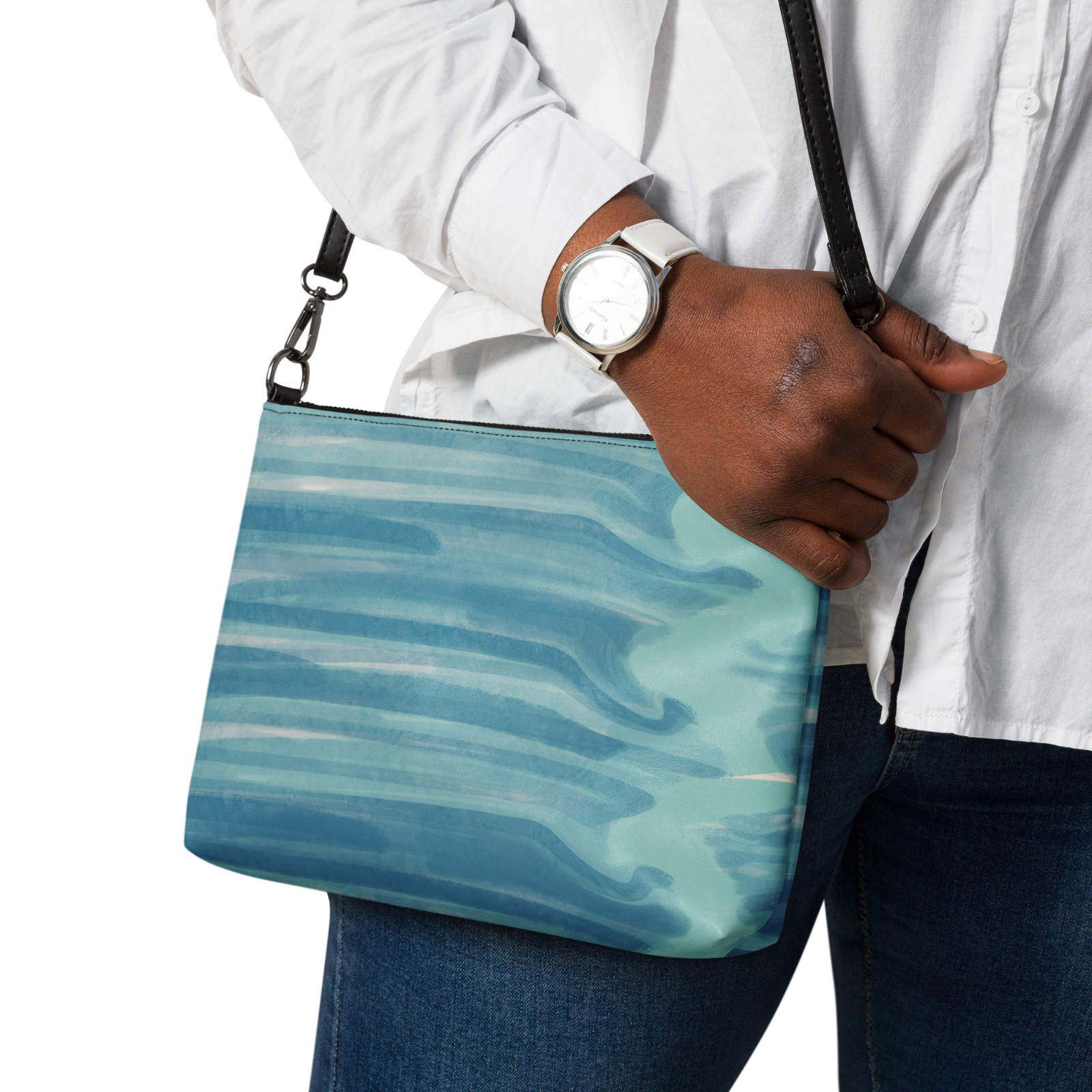 Womens Wristlet Purse Aqua Abstract Print Crossbody Shoulder Bag Detach Strap