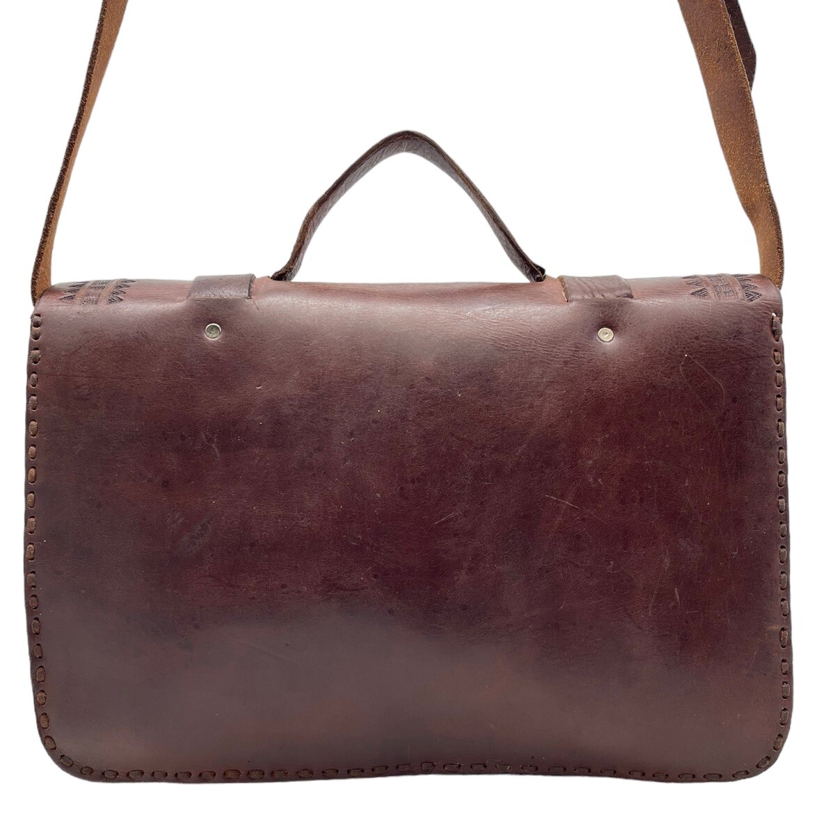 Vintage 70s Large Handmade Tooled Leather Messenger Bag Crossbody Laptop Travel