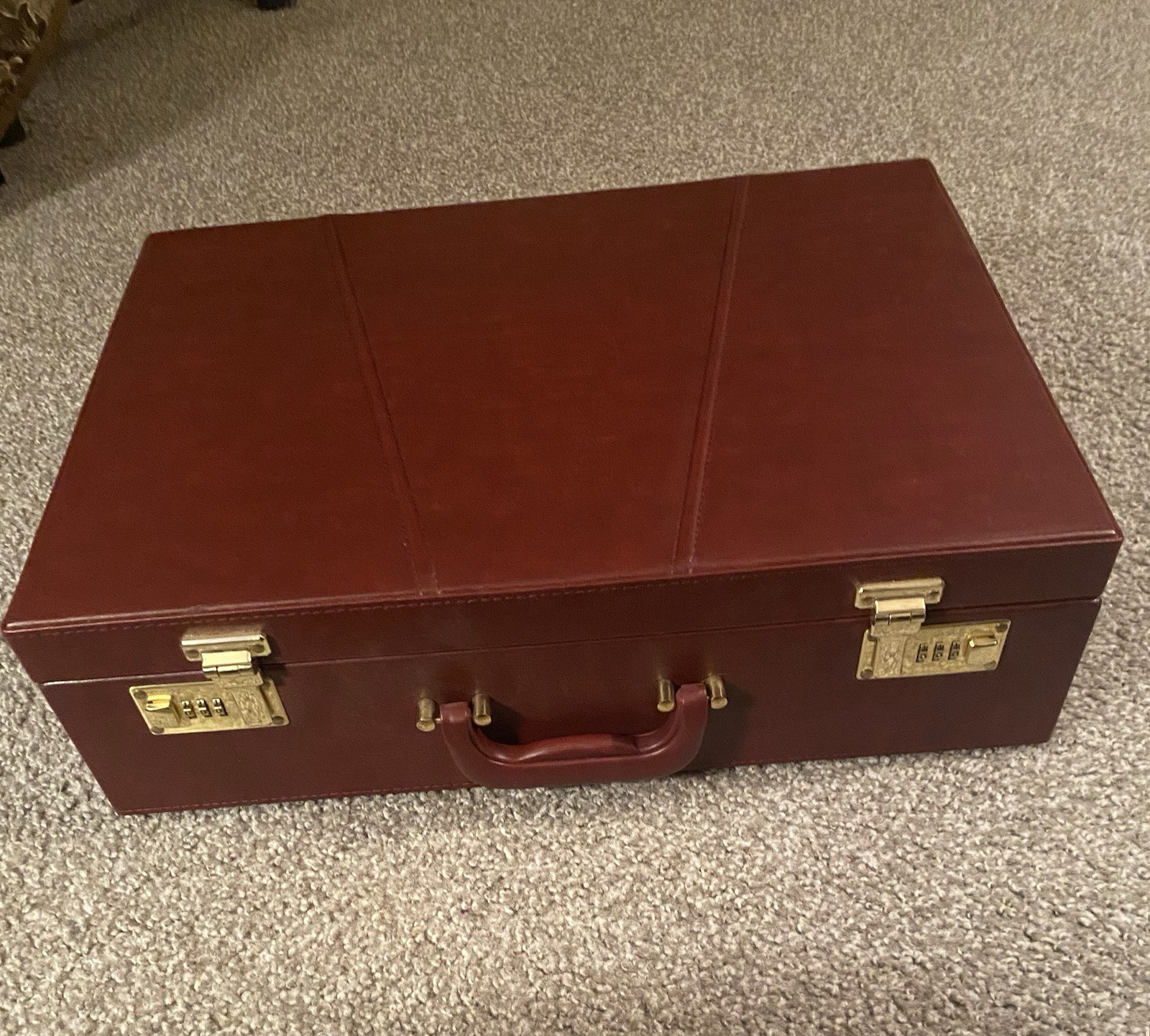 Large Leather Hard Shell Attaché, Briefcase In Burgundy Color W/Gold Hardware