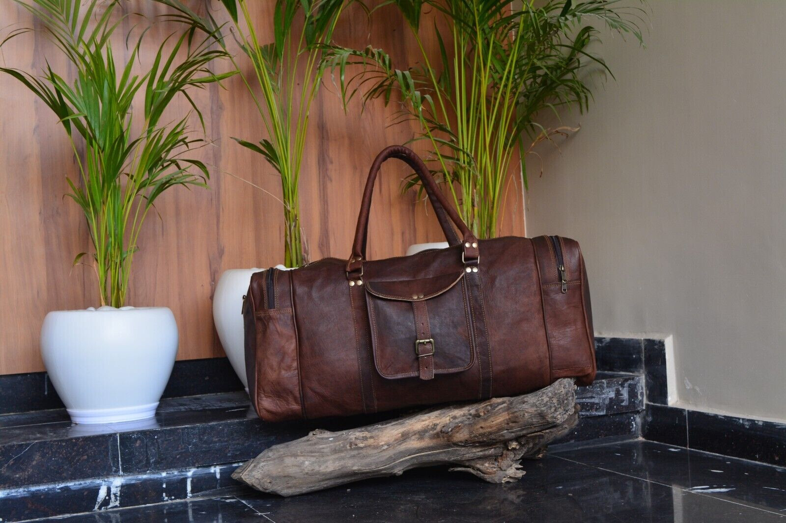 Distressed goat leather duffle carry-on-bag travel for men satchel sports brown