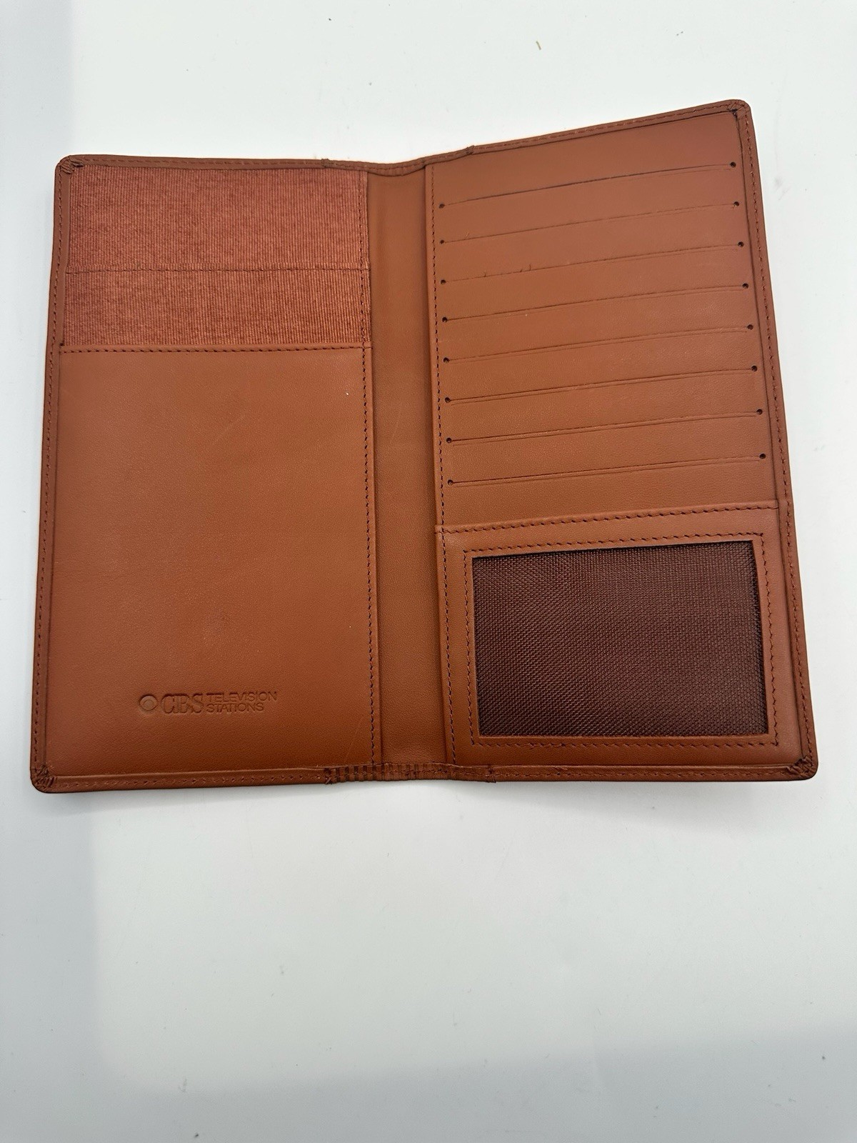 CBS Television Stations Clava Leather Tan Brown Checkbook Credit Card Organizer