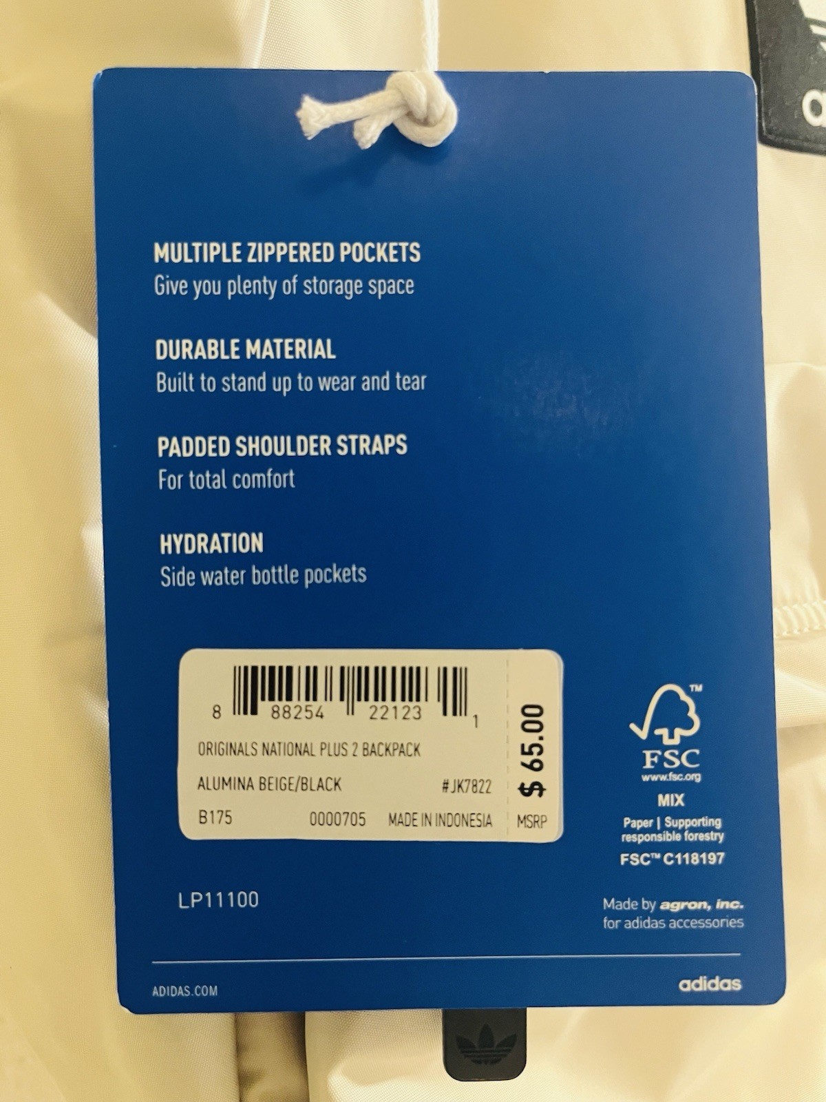Adidas Originals National 2 Plus Backpack – White/Beige – Brand New