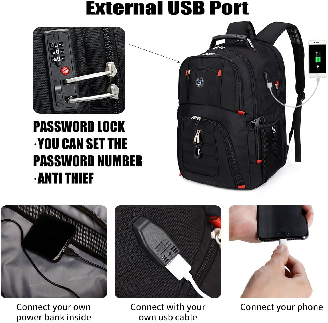 Extra Large 50L Travel Laptop Backpack with USB Charging Port, College High Scho