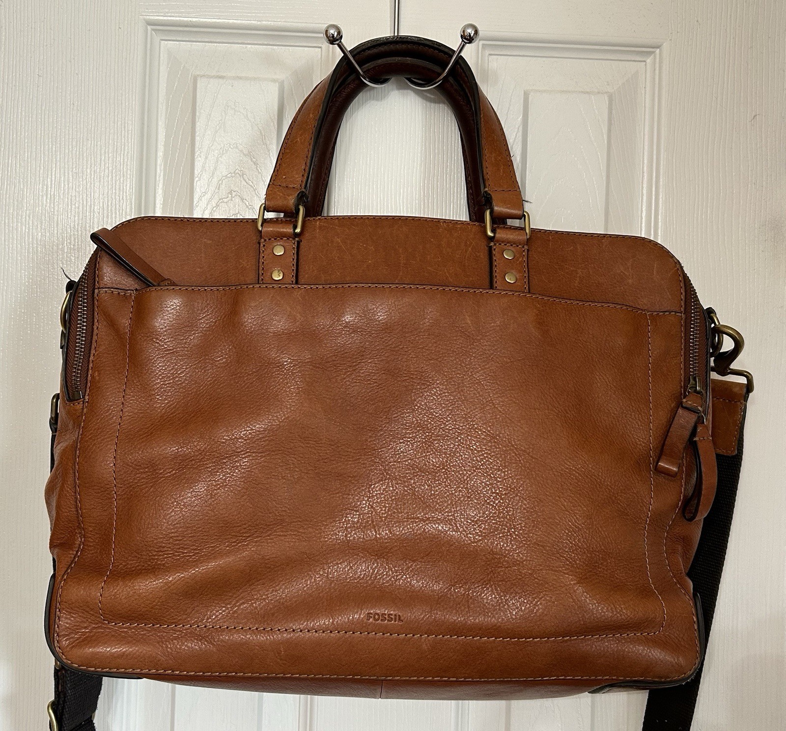 VTG Fossil Haskell Leather Briefcase Messenger Bag Cognac