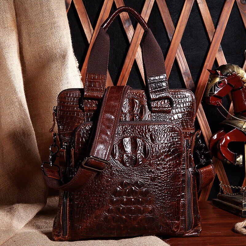 Men’s Business Handbag Genuine Leather Crocodile Pattern Shoulder Bag Briefcase