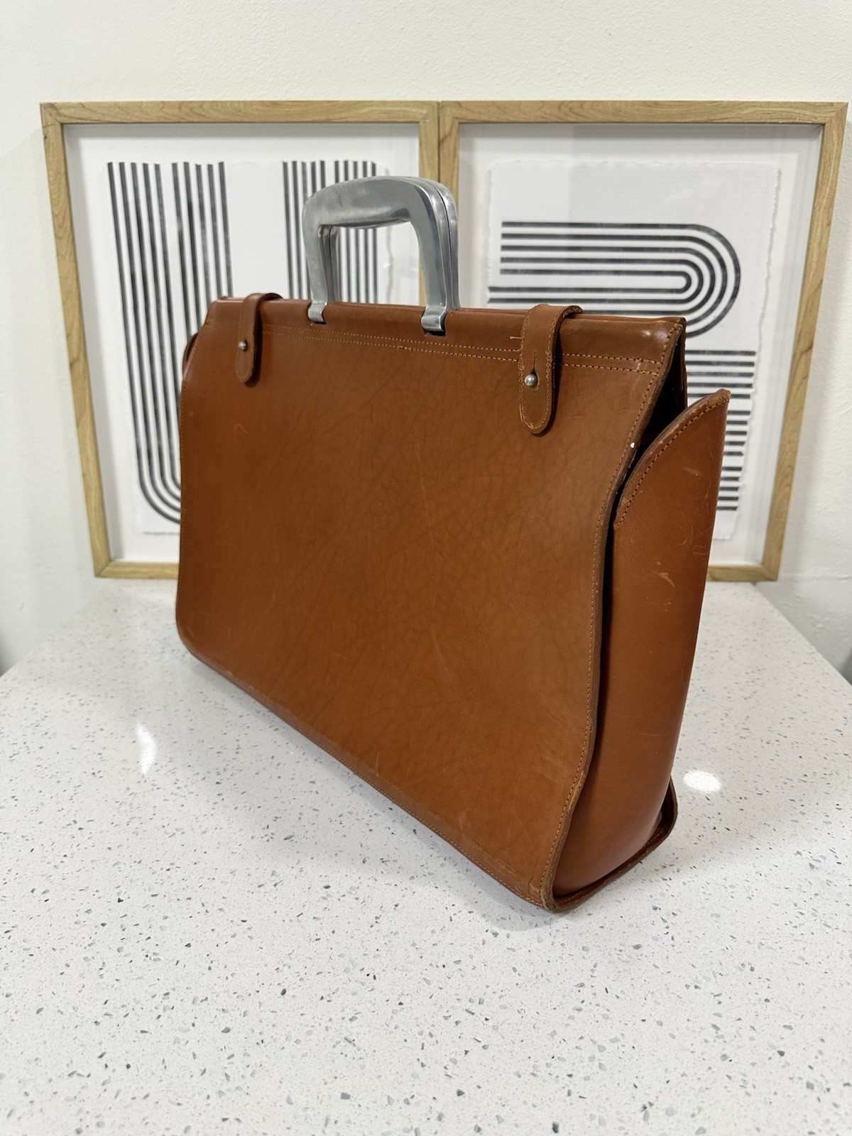 Vintage Bill Amberg Rocket Tan Briefcase Bag Metal Handle