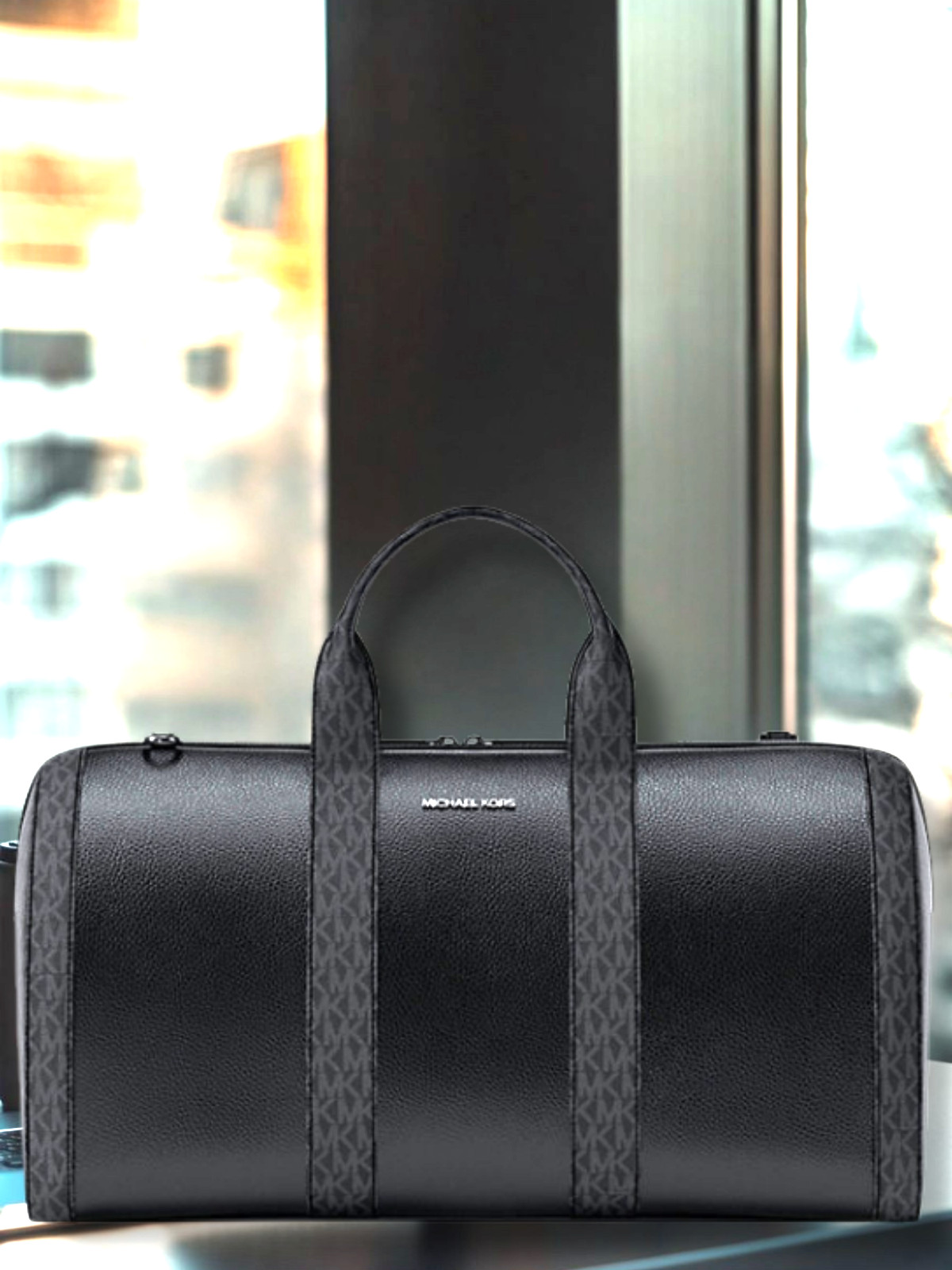 Michael Kors Cooper Men Pebbled Leather and Logo Duffel Travel Bag Black
