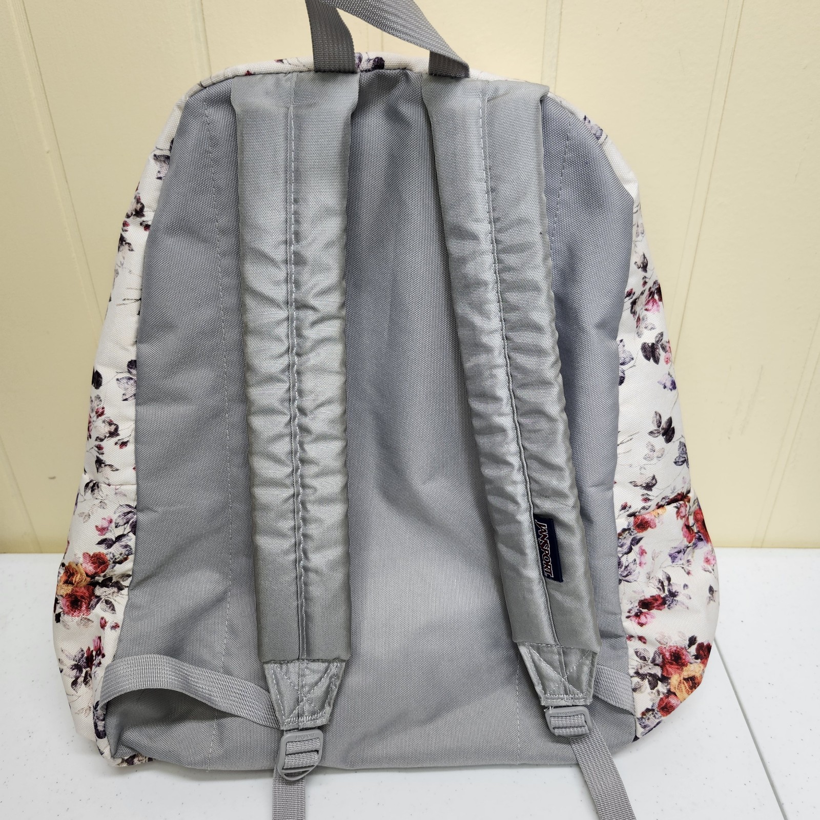 Jansport Backpack, Floral Superbreak White With Multicolor Flowers Front Pocket