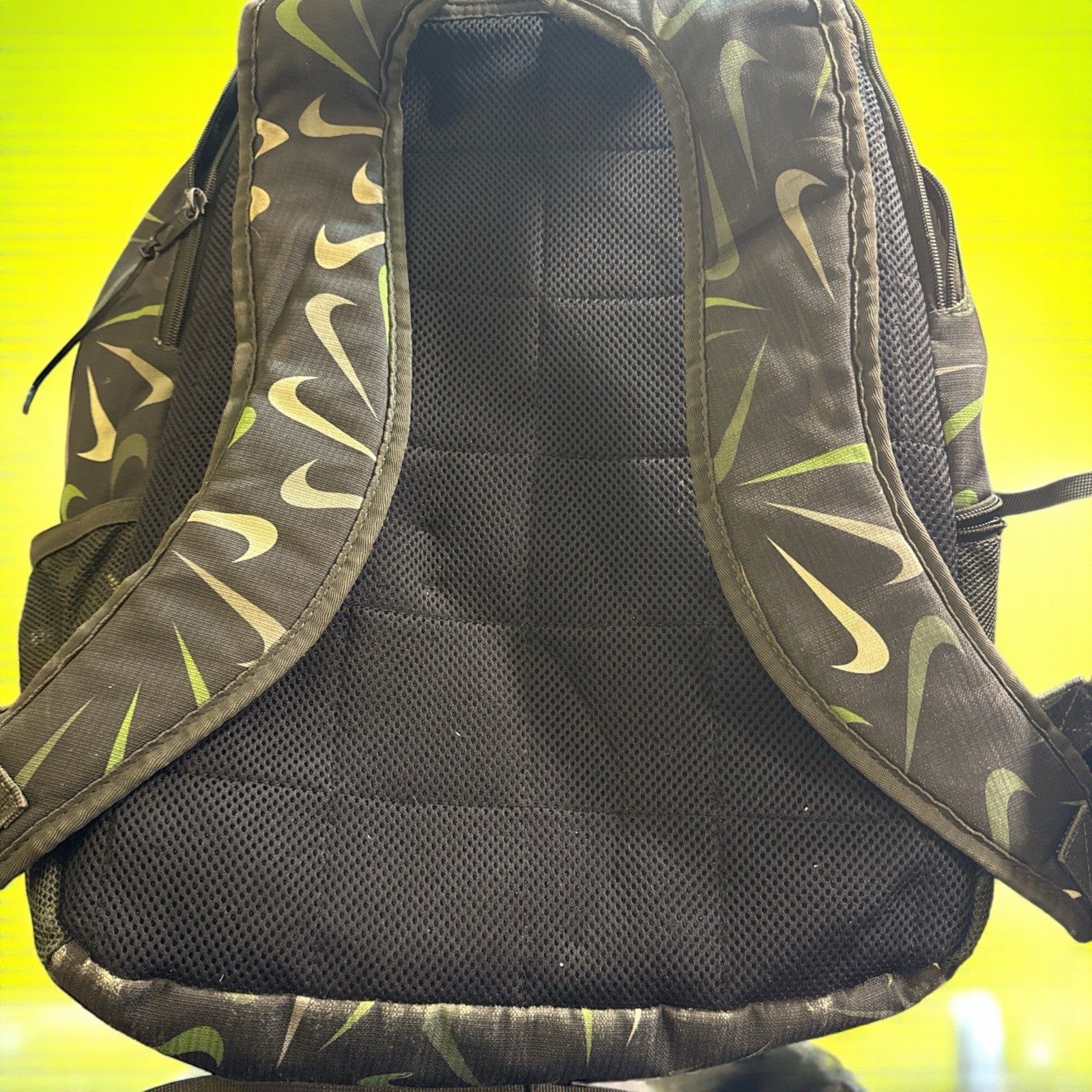 Nike Backpack Black Green Gray Multi Swoosh Print School Travel Bag EUC